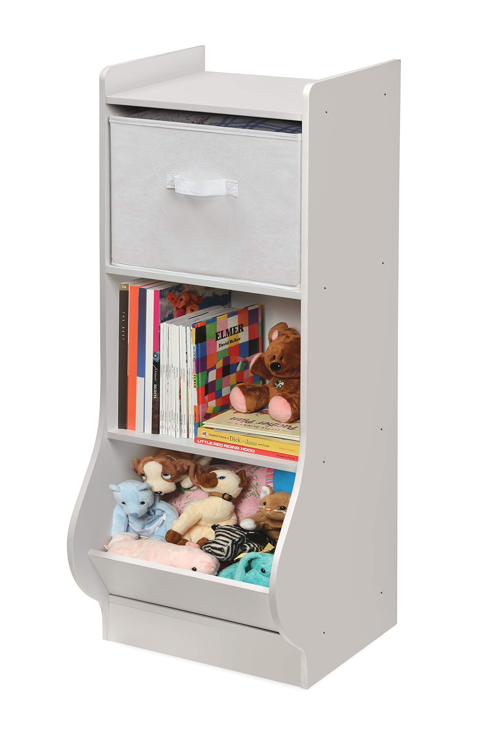 Badger Basket White Upright Storage Nook with Reversible Basket - Melamine Surface, 2 Shelves & Angled Bin - Customizable Kids Storage Organizer for Bedroom, Playroom & Nursery Organization