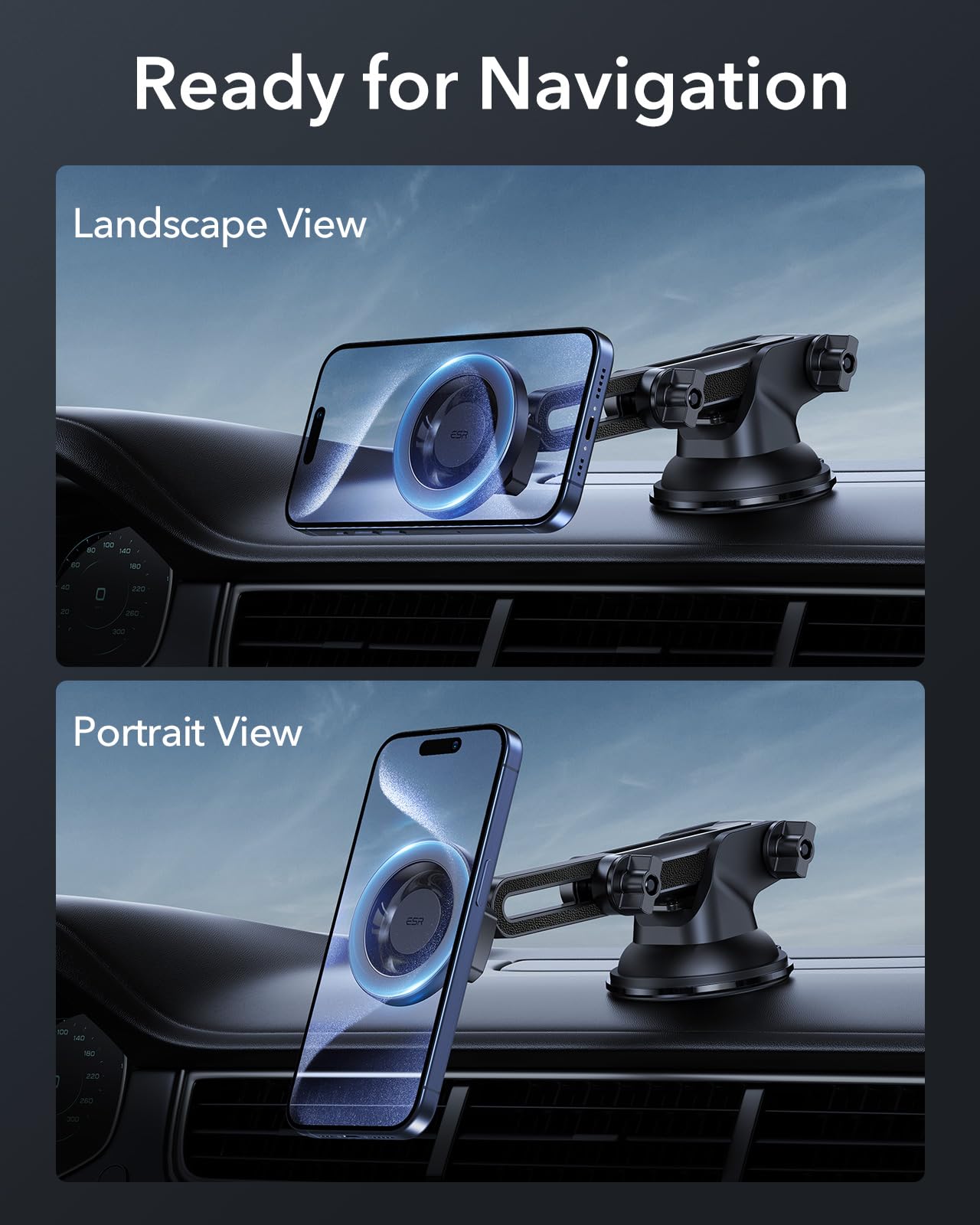 ESR Magnetic Car Phone Holder for iPhone & Samsung - Dashboard & Windshield Mount with 2 Metal Rings - Perfect for Safe Driving