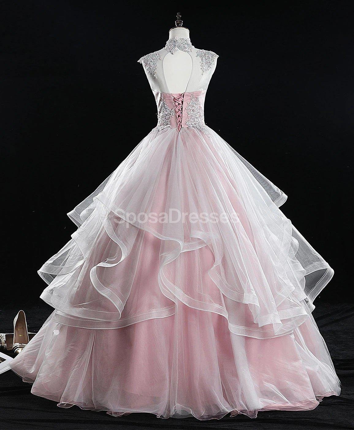 Elegant Pink High Neck Lace Beaded Ruffle Long Evening Prom Dress for Women - Formal Gown for Party, Homecoming, Wedding, Ball & Special Occasions