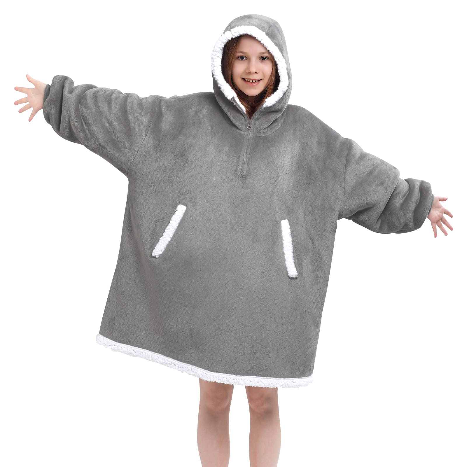 Angelhood Wearable Blanket Hoodie - Ultra Soft Flannel Sherpa Blanket Sweatshirt with Giant Pocket for Kids & Teens | Cozy Lounge Wear for Movie Nights, Camping & Winter Comfort