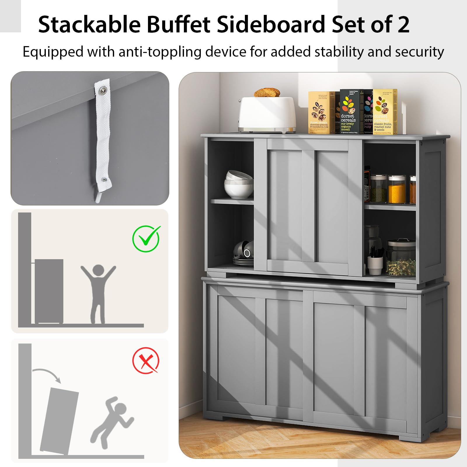 Costzon Wooden Sideboard Buffet Cabinet with Adjustable Shelf & Sliding Barn Door - Kitchen Storage Cabinet, Coffee Bar Console Table for Living Room, Dining Room, Hallway - Perfect for Home Organization & Entertaining (Grey)
