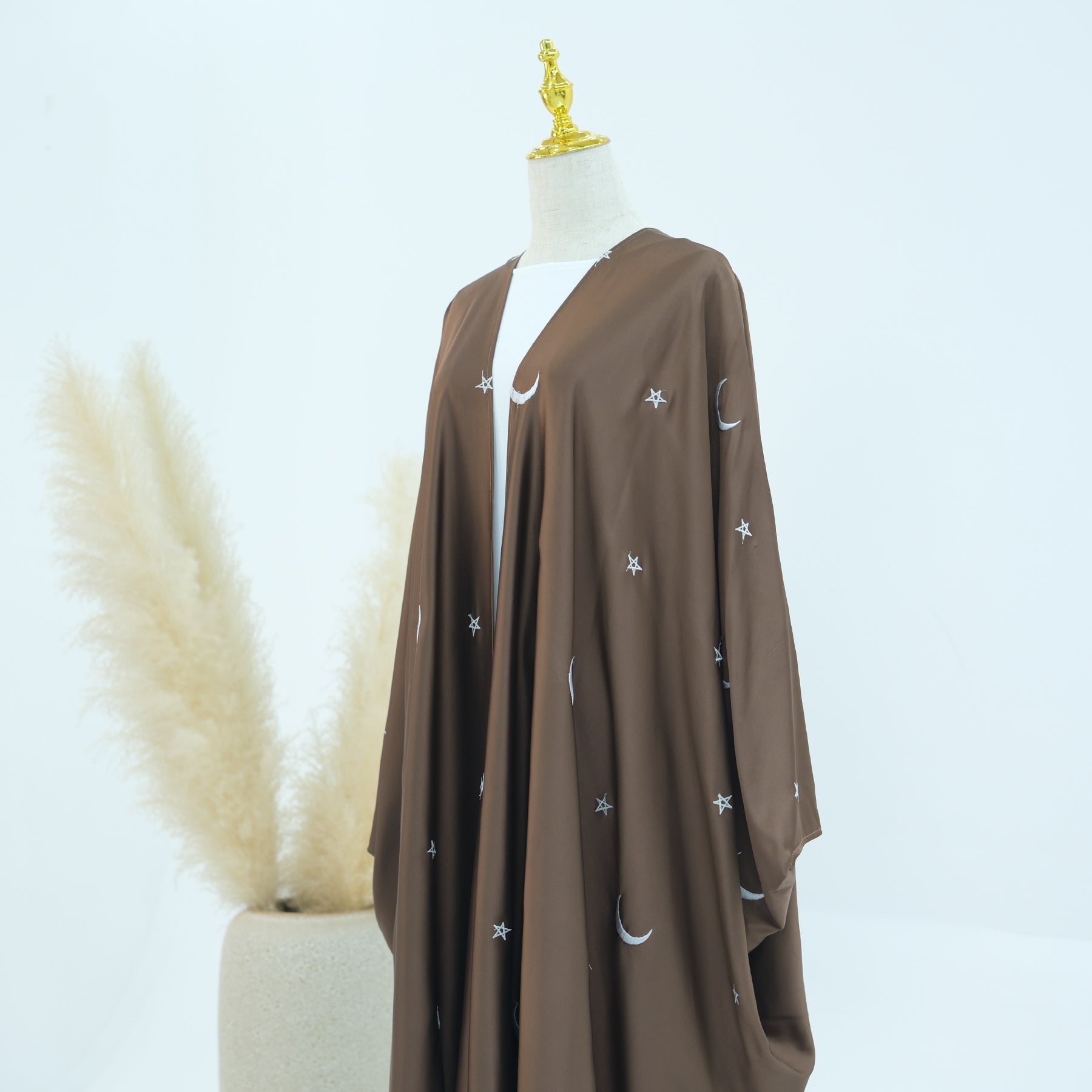 Elegant Hannah Moon Star Open Abaya in Brown - Modest Islamic Prayer Dress for Women - Perfect for Daily Wear, Mosque Visits & Special Occasions