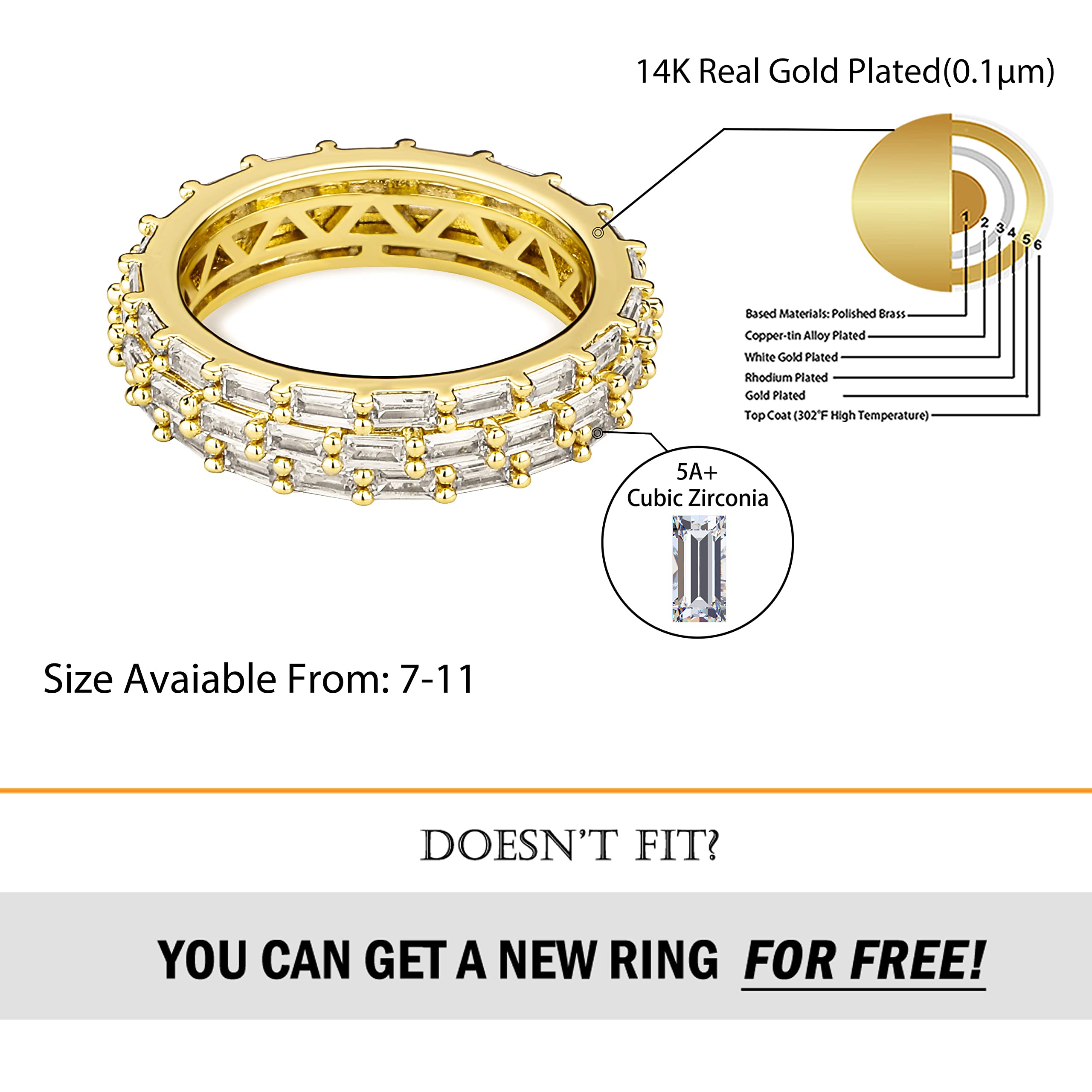TOPGRILLZ 3 Rows Baguette Wedding Band Ring for Women - 18K Gold Plated Diamond Eternity Ring with 4 Prong Setting - Perfect Engagement, Anniversary & Bridal Jewelry Gift for Her