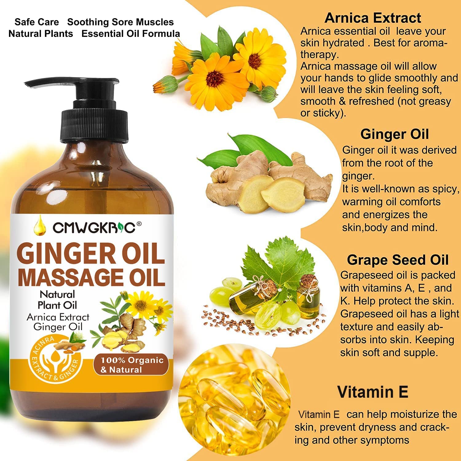 **Organic Ginger Oil for Lymphatic Drainage & Muscle Relief – Natural Warming Massage Oil with Arnica for Skin Care, Relaxation & Mother’s Day Gifts – Perfect for Aromatherapy, Post-Workout Recovery & Stress Relief**