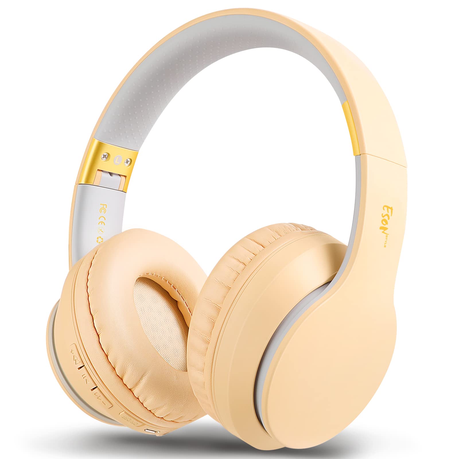 Esonstyle Foldable Bluetooth Over-Ear Headphones with Mic - Wireless & Wired Stereo Headset, Lightweight Soft Earmuffs for Phone, TV, PC, Online Classes, Home Office - Perfect for Commuting, Gaming & Music (Apricot)