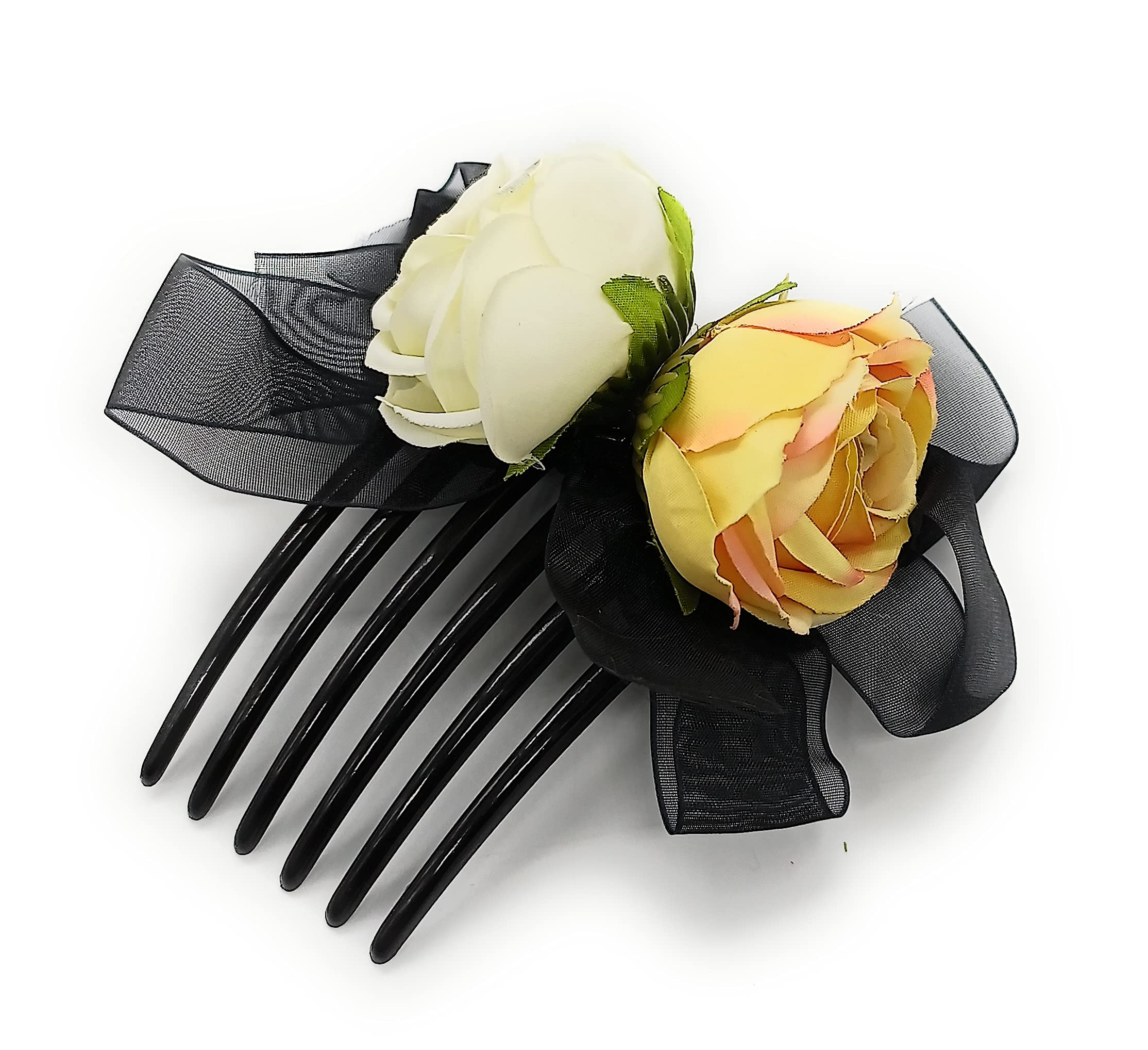 Elegant Satin Rose Hair Comb Clip - Fairy Tale Inspired Hair Accessory for Women & Girls (White/Yellow) | Perfect for Weddings, Proms & Special Occasions