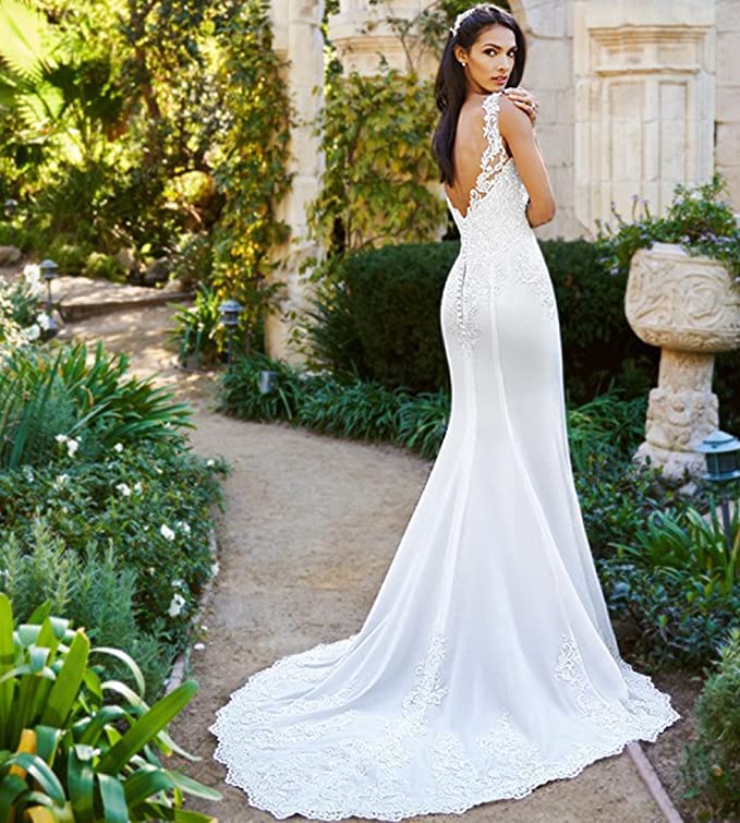 Elegant Ivory Boho Beach Wedding Dress for Women - Double V-Neck Applique Mermaid Gown with Hip Wrap & Backless Design | Perfect for Destination Weddings, Beach Ceremonies & Boho-Themed Events
