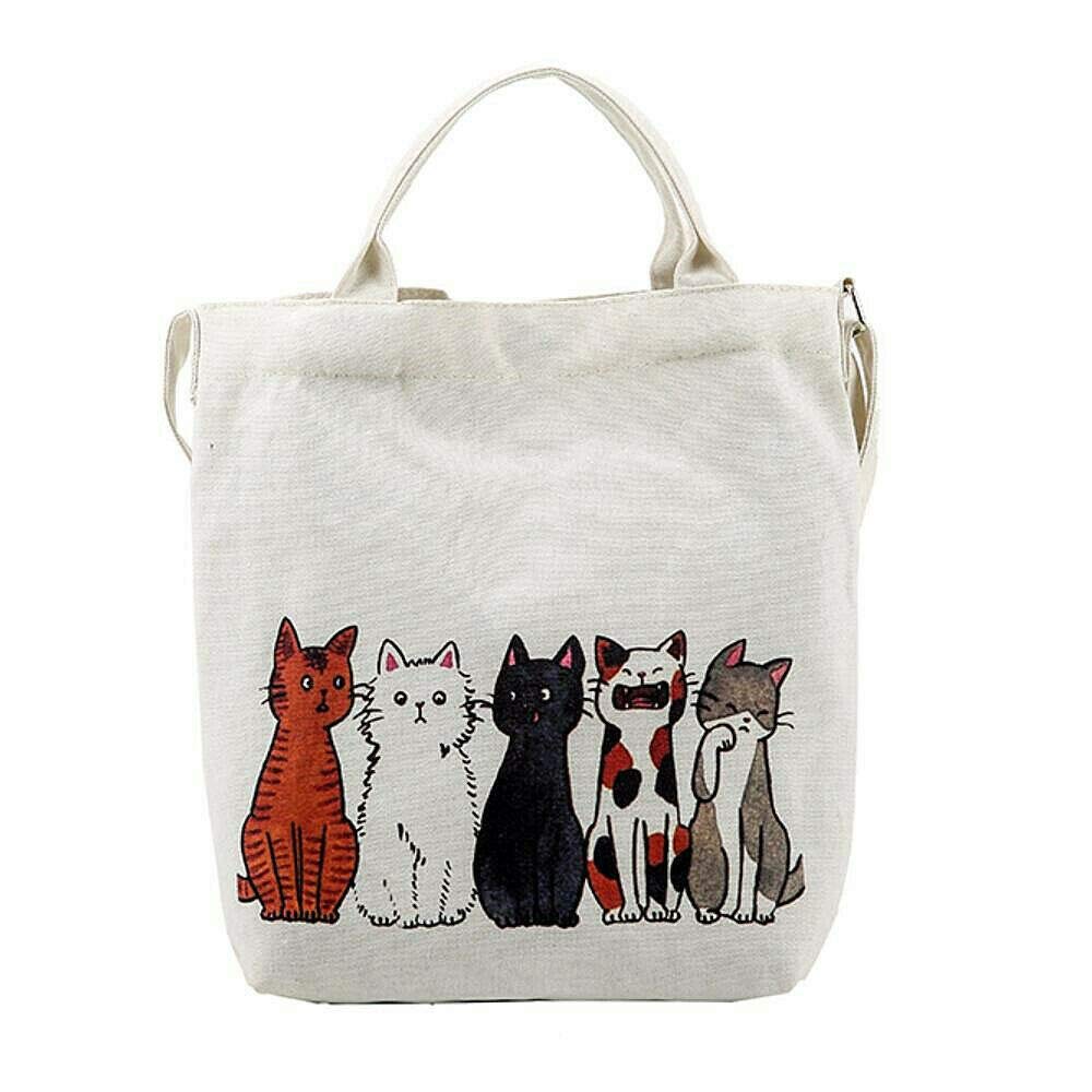 EatingBiting 12.6'' Women's Cartoon Lucky Cat Canvas Tote Bag - Stylish Shopping Handbag, Beach Purse & Shoulder Bag for Daily Use, Work, Travel & Casual Outings