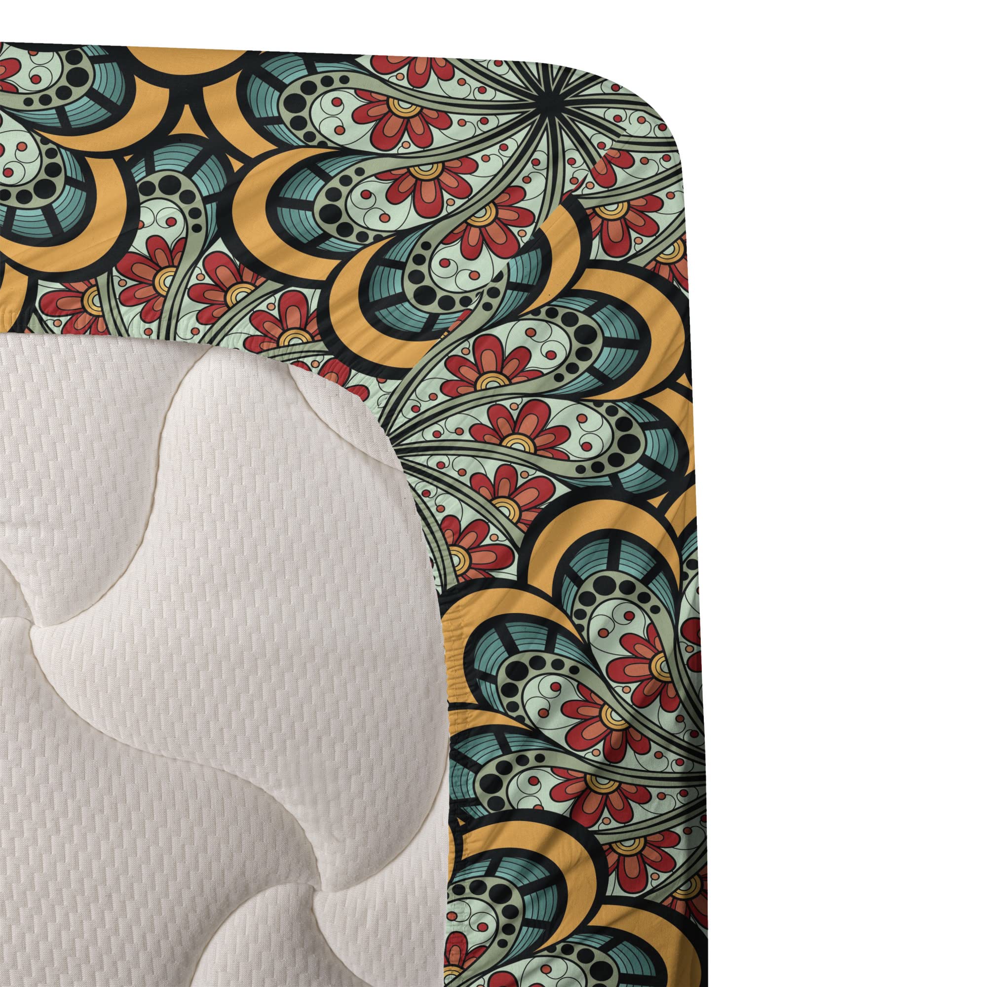 Ambesonne Bohemian Mandala Sheet Set 4-Piece King Size - Flourishing Nature Paisley Design, Fitted & Flat Sheets with Pillowcases - Seafoam Marigold Red - Perfect for Boho Bedroom Decor & Guest Room Styling