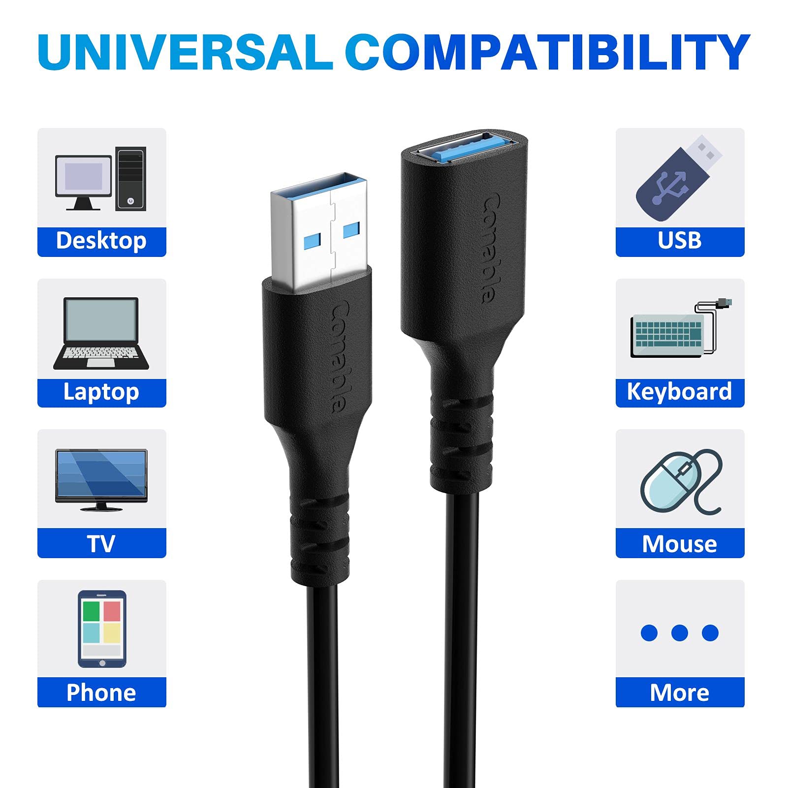 3 Pack 10ft USB 3.0 Extension Cable - A Male to Female Extender Cord with 5Gbps High-Speed Data Transfer for Webcam, Printer, Keyboard, Mouse, Flash Drive & Hard Drive - Includes 5 Cable Ties - Perfect for Home Office, Gaming Setup & Computer Workstation Accessories
