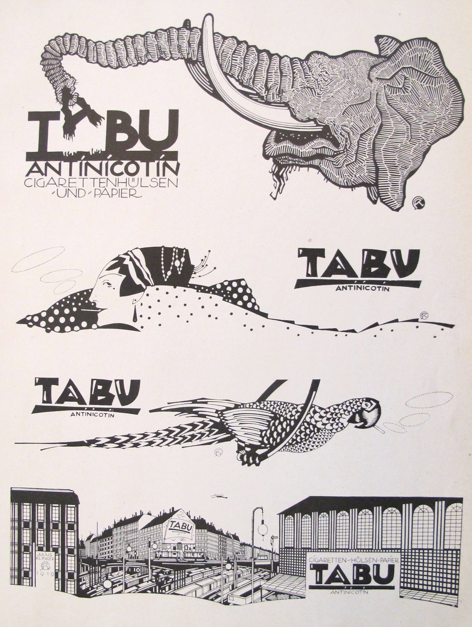 1923 Original Vintage German Poster - TABU Doodle #3 Elephant Art Deco Fashion Print - Perfect for Home Decor, Office Wall Art & Vintage Collectors