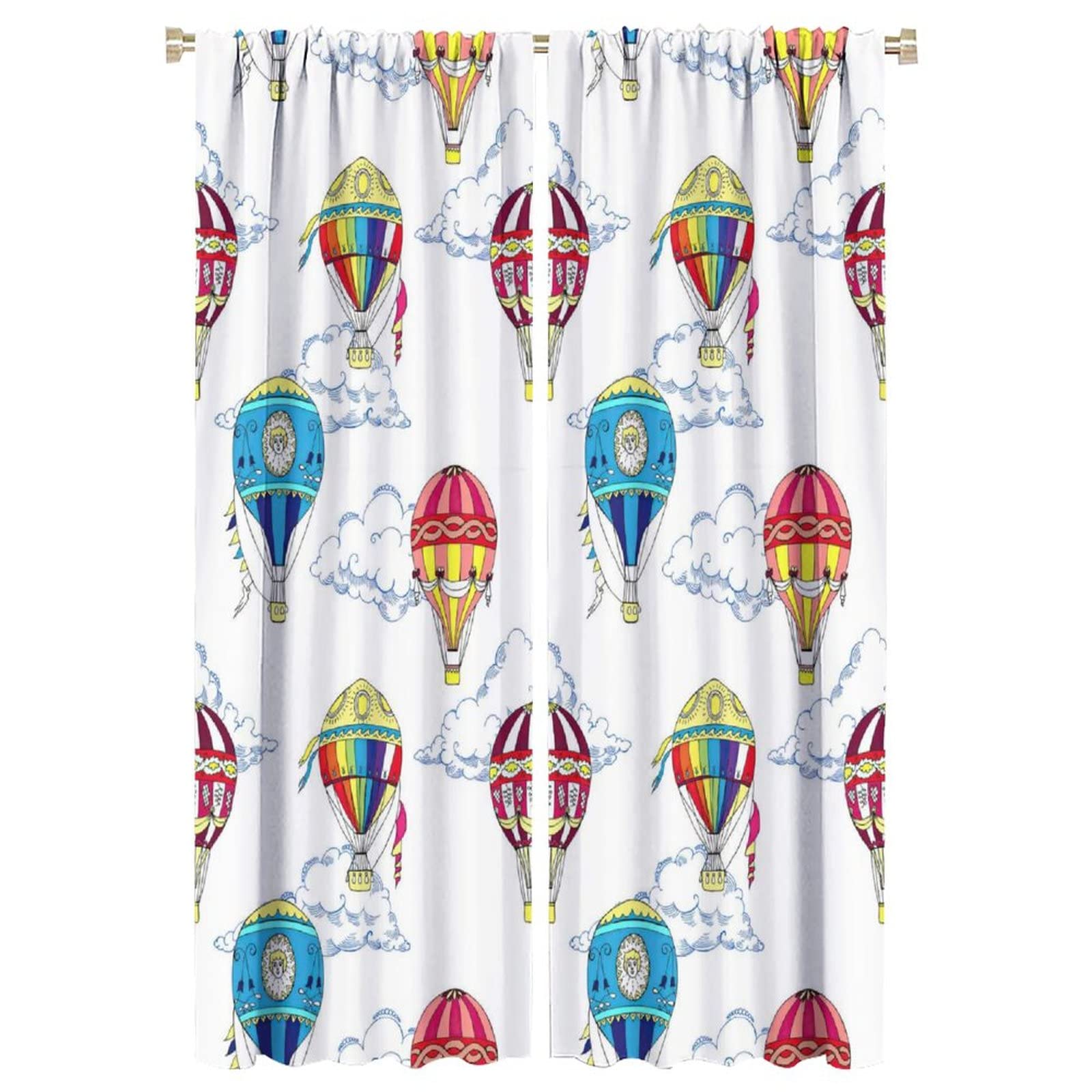 Colorful Hot Air Balloons Printed Curtains - 52x84 Inch White Clouds Design Window & Door Drapes for Kids Room, Nursery & Boho Home Decor