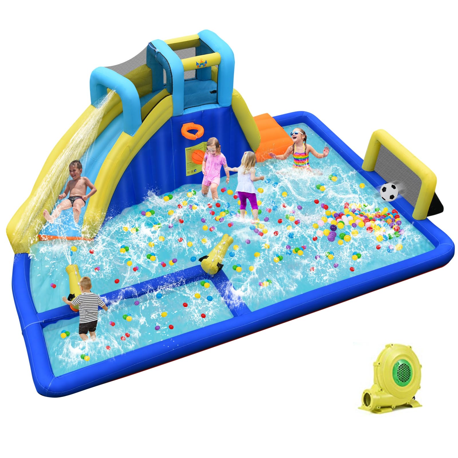 **HONEY JOY Inflatable Water Slide for Kids & Adults - Giant Bounce House with Splash Pool, Soccer Goals & Climbing Wall - Outdoor Water Park Blow Up Slide for Backyard Fun (Includes 735W Blower) - Perfect for Summer Parties, Birthday Celebrations & Family Gatherings**
