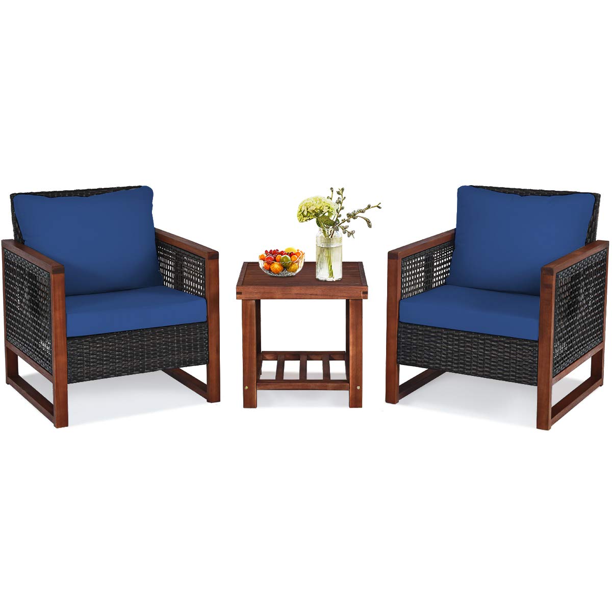 HAPPYGRILL 3-Piece Outdoor Patio Furniture Set - Wicker Chairs with Coffee Table, Acacia Wood Frame & Washable Cushions - Perfect for Garden, Poolside, Backyard, Balcony & Porch Relaxation