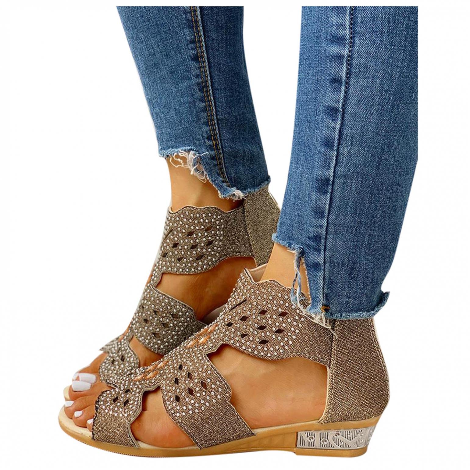 Women's Summer Casual Sandals - Low Heeled Glitter Rhinestone Open Toe Dressy Sandals with Back Zippers | Fashion Cutout Comfort Flat Heels for Daily Wear, Beach & Travel | Perfect for Weddings, Parties and Vacation Outfits