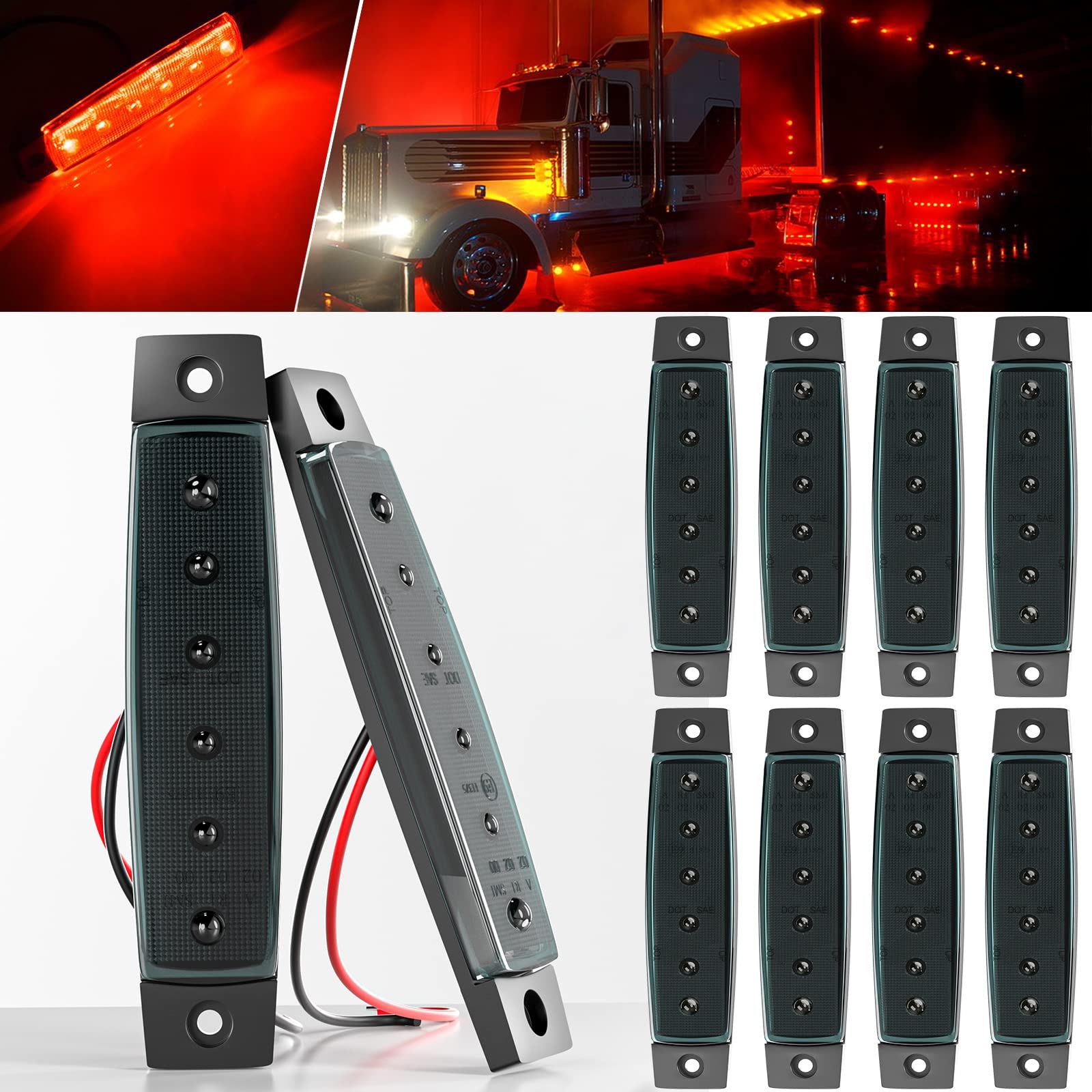 BJZ 6 LED Red Trailer Marker Lights - 12V Waterproof Smoked Light Strip for Trucks, Vans, Pickups, ATVs & RVs (10 Pack) | Durable Side Clearance & Signal Indicators for Safe Night Driving & Off-Road Adventures