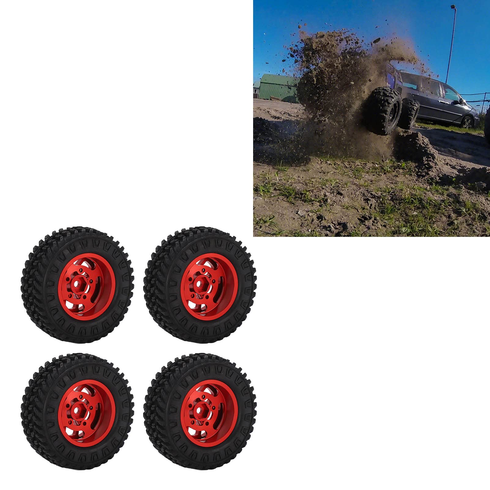4pcs SCX24 1/24 RC Car Tires & Metal Wheel Rims - Red Rubber Upgrade Accessories for Off-Road Crawler RC Cars - Perfect for Trail, Rock Crawling and Indoor Racing