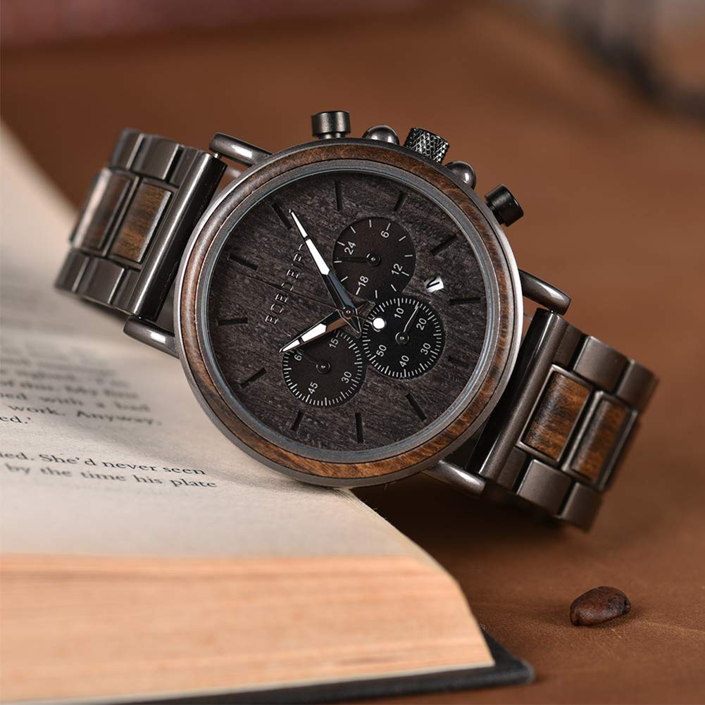 BOBO BIRD Men's Wooden Watches - Wood & Stainless Steel Chronograph Military Quartz Watch for Casual Wear - Perfect for Outdoor Adventures, Business Meetings and Everyday Fashion