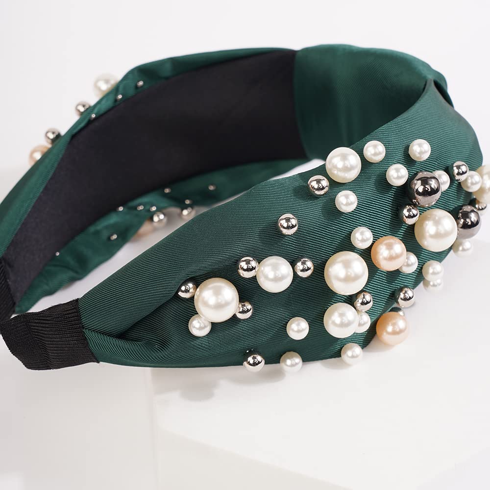 Wiwpar Fashion Pearl Knotted Headbands for Women - Wide Pearl Bead Hair Accessory Boho Style Headband (Green) - Perfect for Weddings, Parties & Everyday Wear