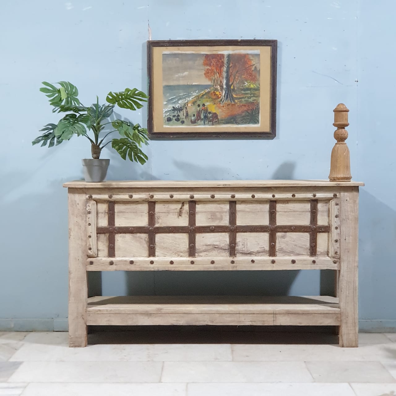 Handmade Carved Solid Hardwood Console Table with Iron Fittings - 64.5