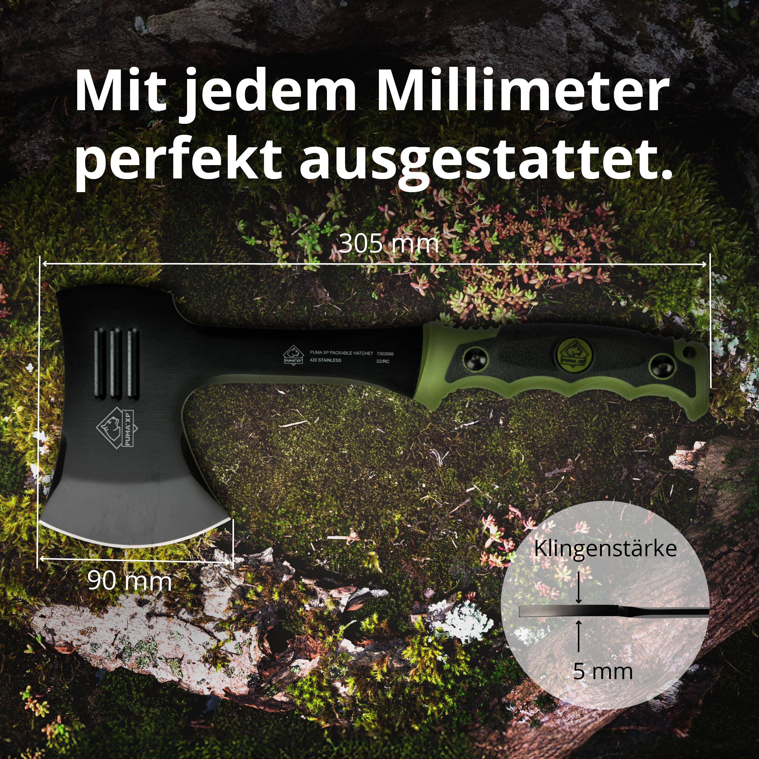 Puma XP Packable Camping Hatchet with Green Rubber Handle - Lightweight Compact Axe for Hiking, Backpacking & Outdoor Survival Gear
