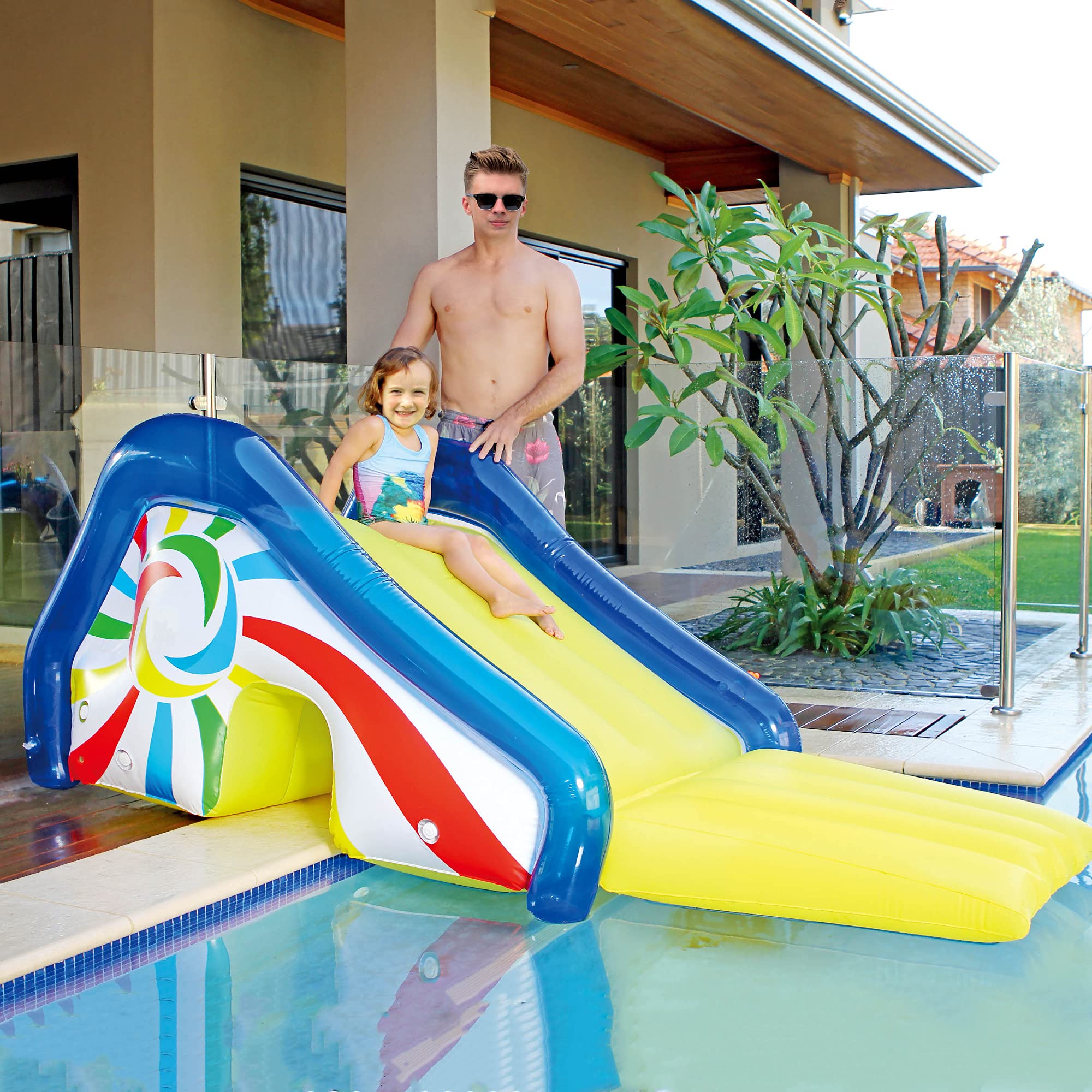 98-Inch Yellow and Blue Pool Slide with Attached Sprayer - Perfect for Backyard Water Fun and Kids' Summer Activities