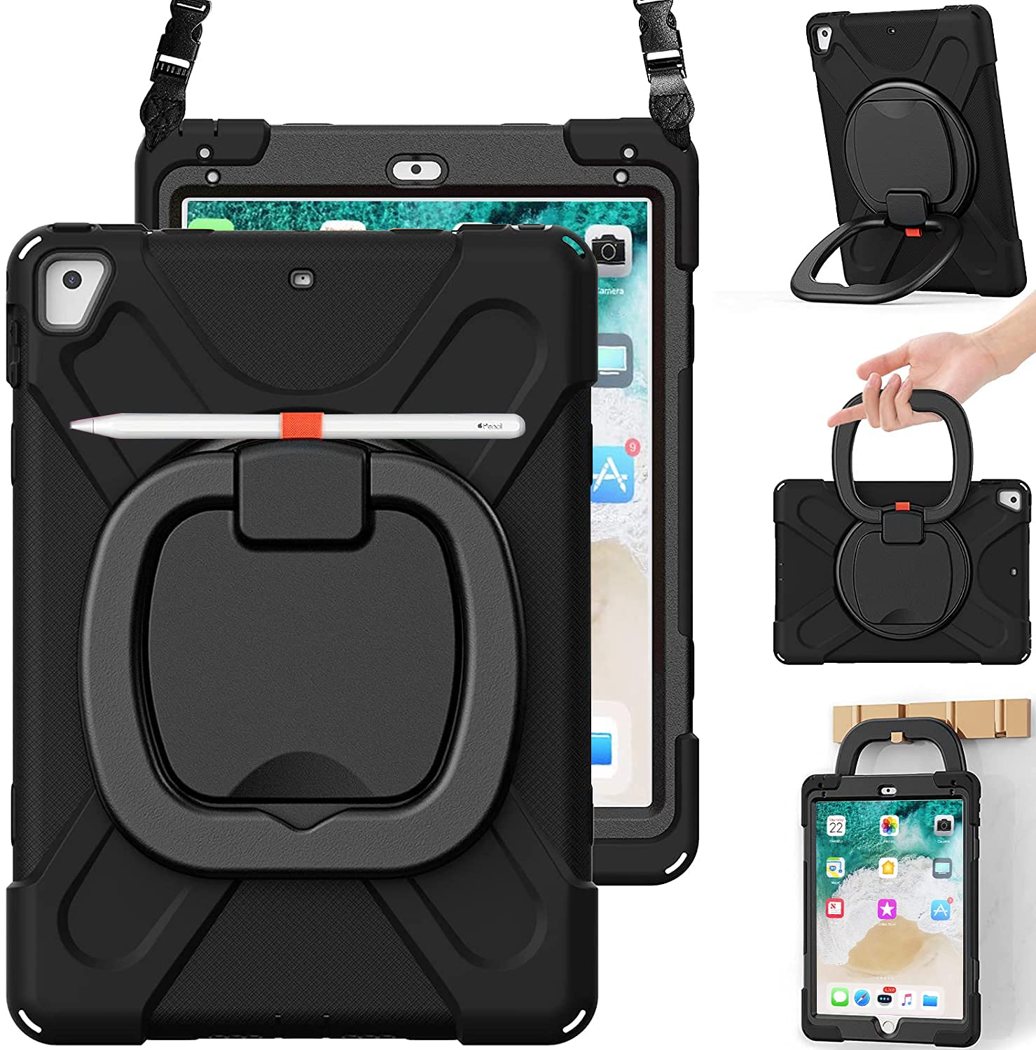 iPad Air 2 / iPad 5th/6th Gen / iPad Pro 9.7 Inch Protective Case with Kickstand, Handle & Shoulder Strap - Cute Kids Case for Boys & Girls | Includes Pencil Holder | Perfect for School, Travel & Play (Black)