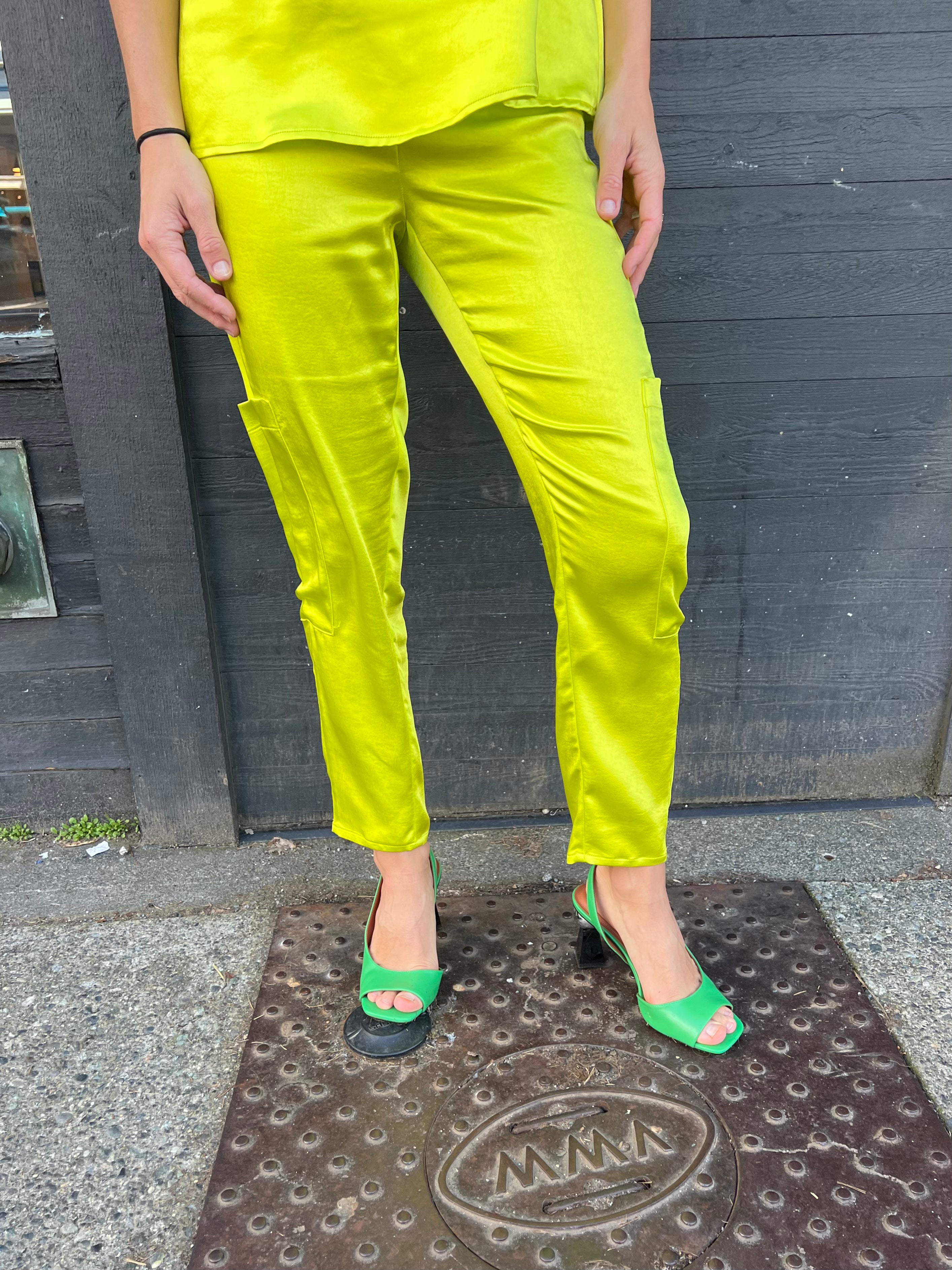 AP3044 Women's Chartreuse Satin High-Waist Dress Pants - Elegant Office Wear & Evening Cocktail Party Attire
