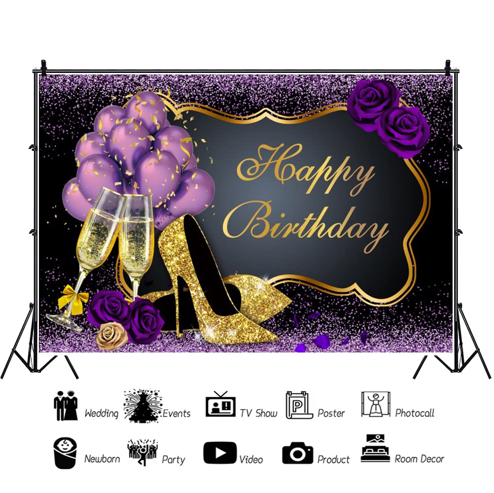 Leyiyi 7x5ft Happy Birthday Photo Backdrop - Purple & Black Balloon Champagne Rose Gold Heels Glitter Photography Background for Women, Girls, Mother's Day Decor - Perfect for Birthday Parties, Baby Showers & Photo Shoots