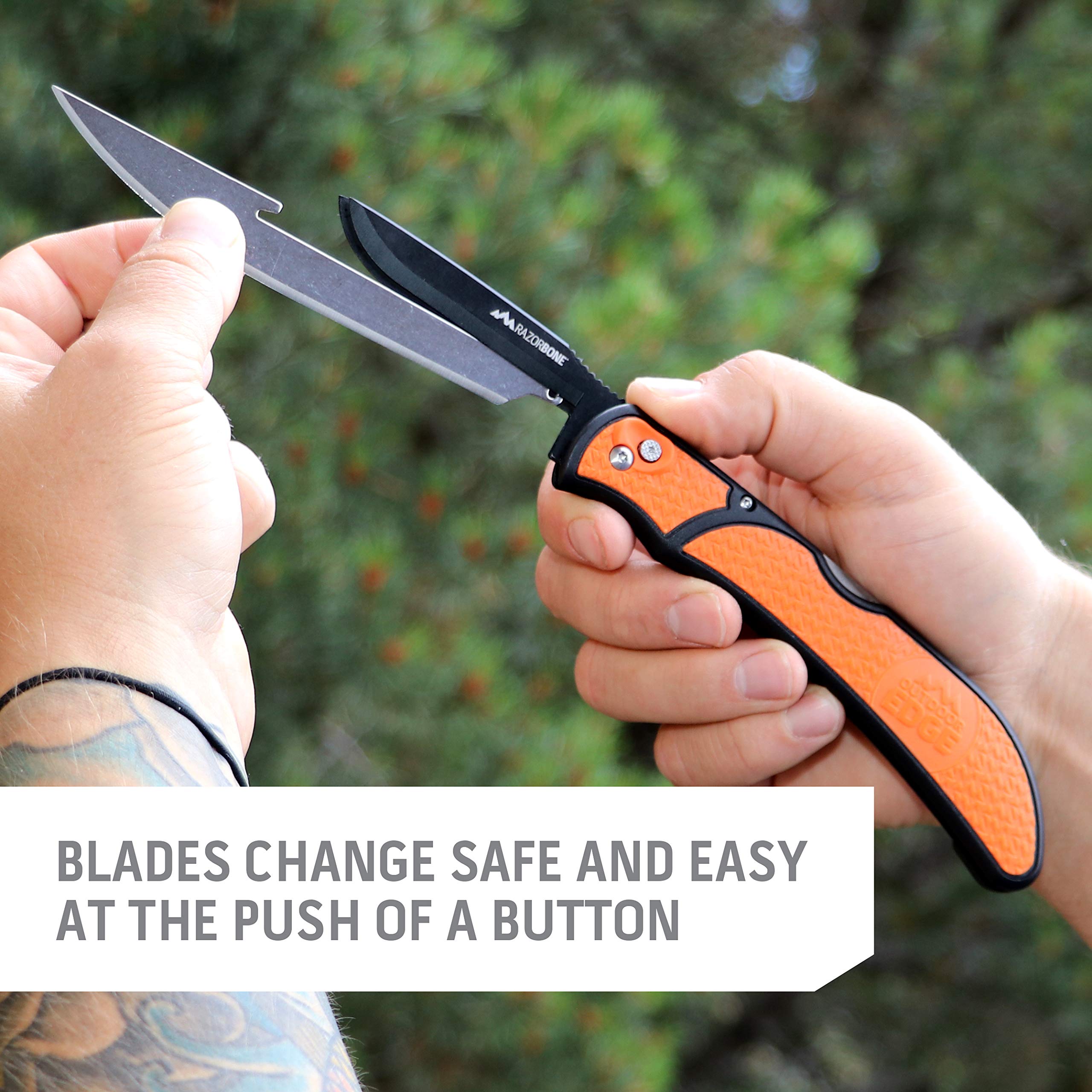 OUTDOOR EDGE RazorBone Replaceable Blade Folding Hunting Knife with Clip & Sheath - 3 Blade Styles (Boning, Gutting, Skinning) | Blaze Orange Handle, Camo Sheath, 6 Blades & Storage Box | Ideal for Hunting, Camping, Field Dressing & Outdoor Survival