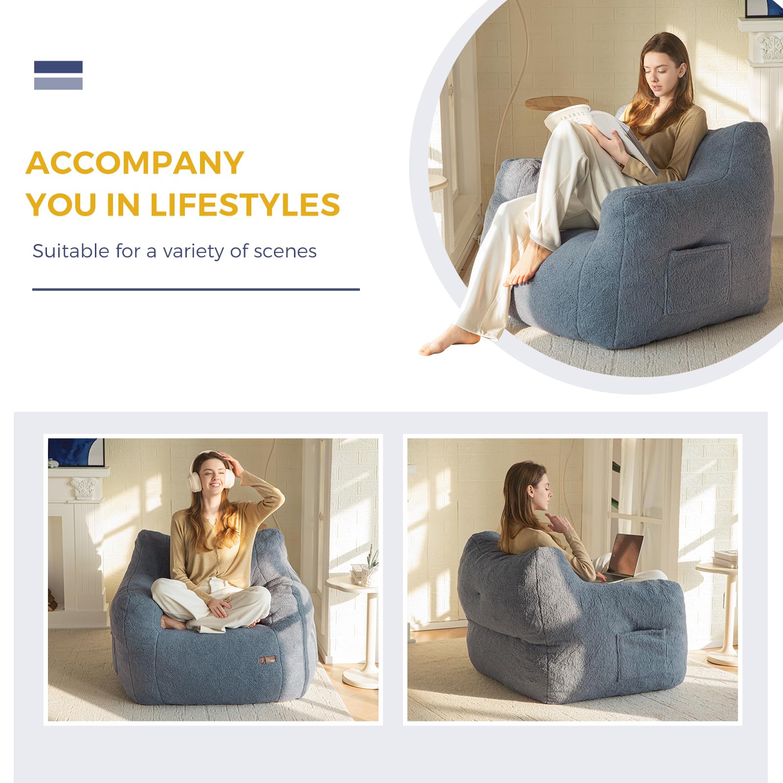 MAXYOYO Tufted Boucle Fabric Bean Bag Chair - Ultra Comfy Lazy Sofa with Filler for Adults & Teens in Dusty Blue | Perfect for Living Room, Bedroom, Game Room & Dorm Relaxation