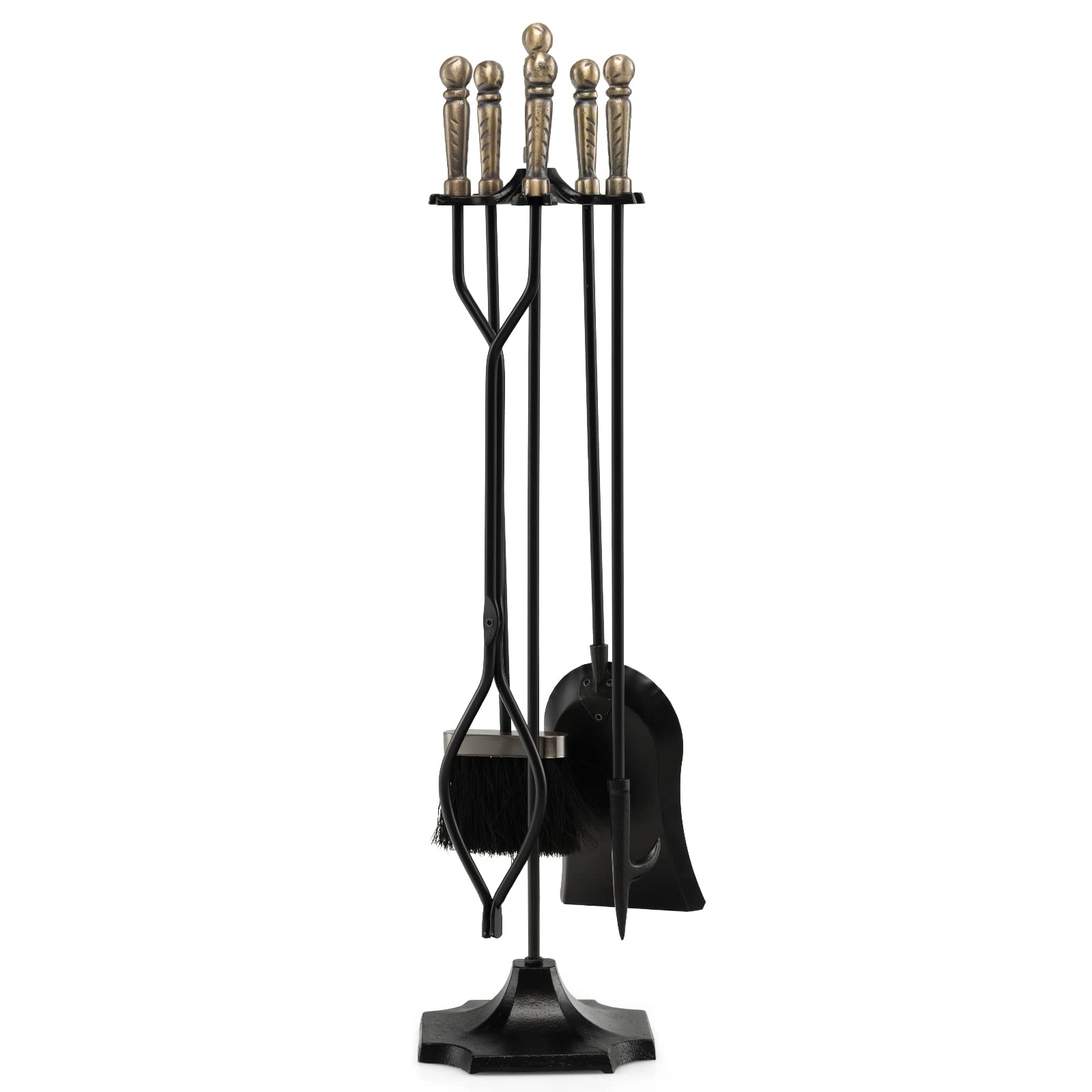 Tangkula 5-Piece Heavy Duty Fireplace Tool Set with Stand - Fireplace Tongs, Brush, Shovel, Poker & Hanger - Ergonomic Handle Black Fireplace Accessories for Wood Stove, Fire Pit & Hearth Maintenance