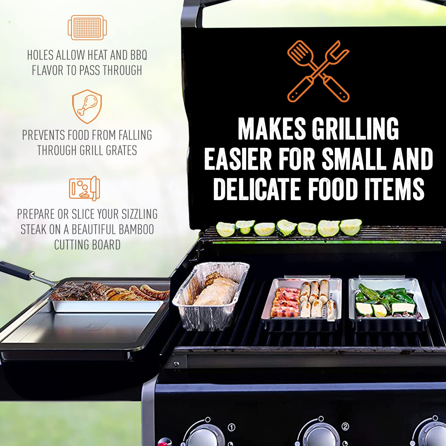 Yukon Glory™ Premium BBQ Grill Set - 3 Grill Baskets, Serving Tray, Bamboo Cutting Board with Plastic Lid & Clip-on Handle - Perfect for Outdoor Cooking, Camping, Backyard Parties & Picnics