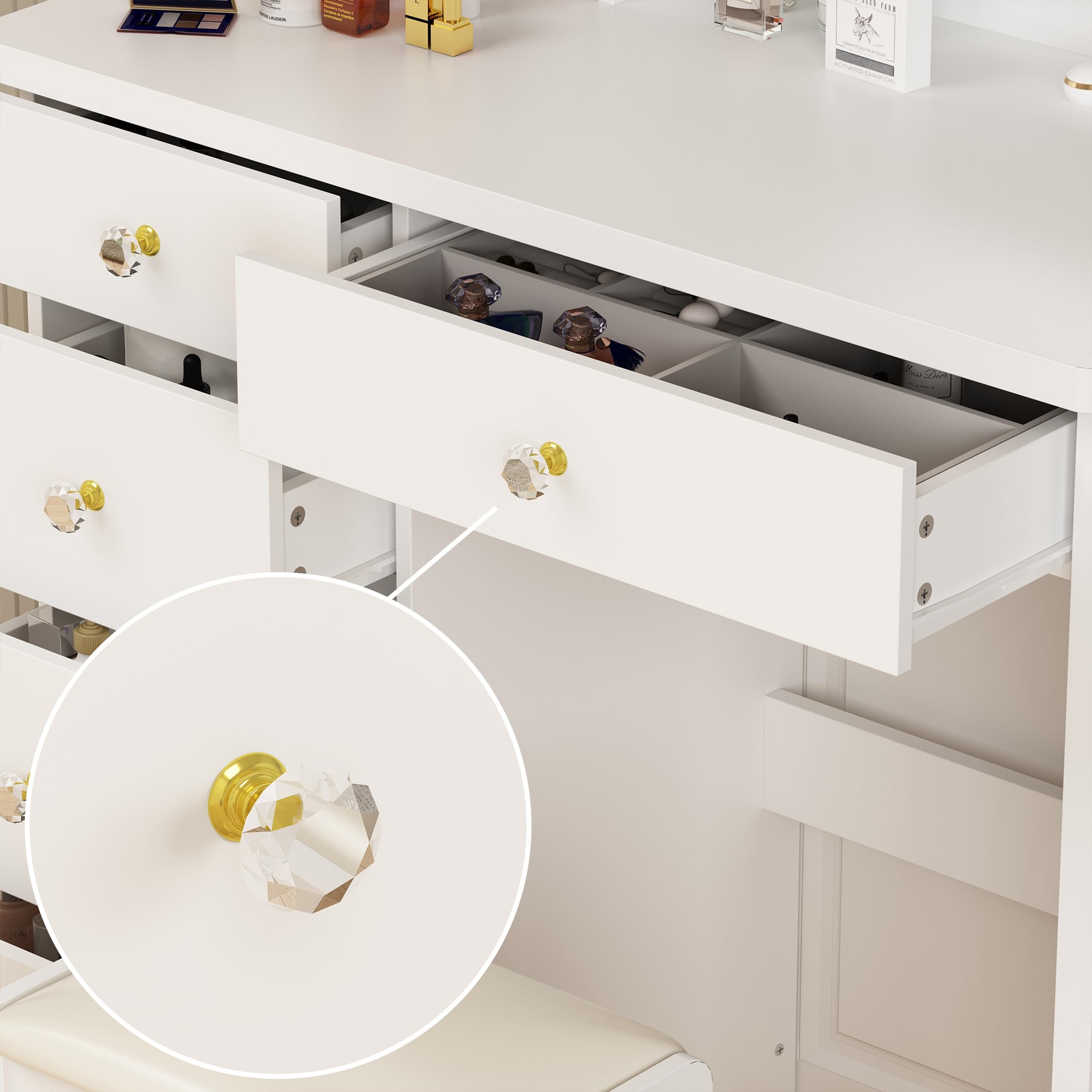 Vanity Desk Set with LED Lighted Mirror, 5-Drawer Makeup Dressing Table with Storage Shelves & Cushioned Stool - White Bedroom Furniture for Women's Beauty & Cosmetics Organization | Perfect for Small Spaces, Apartment Decor & Morning Makeup Routine