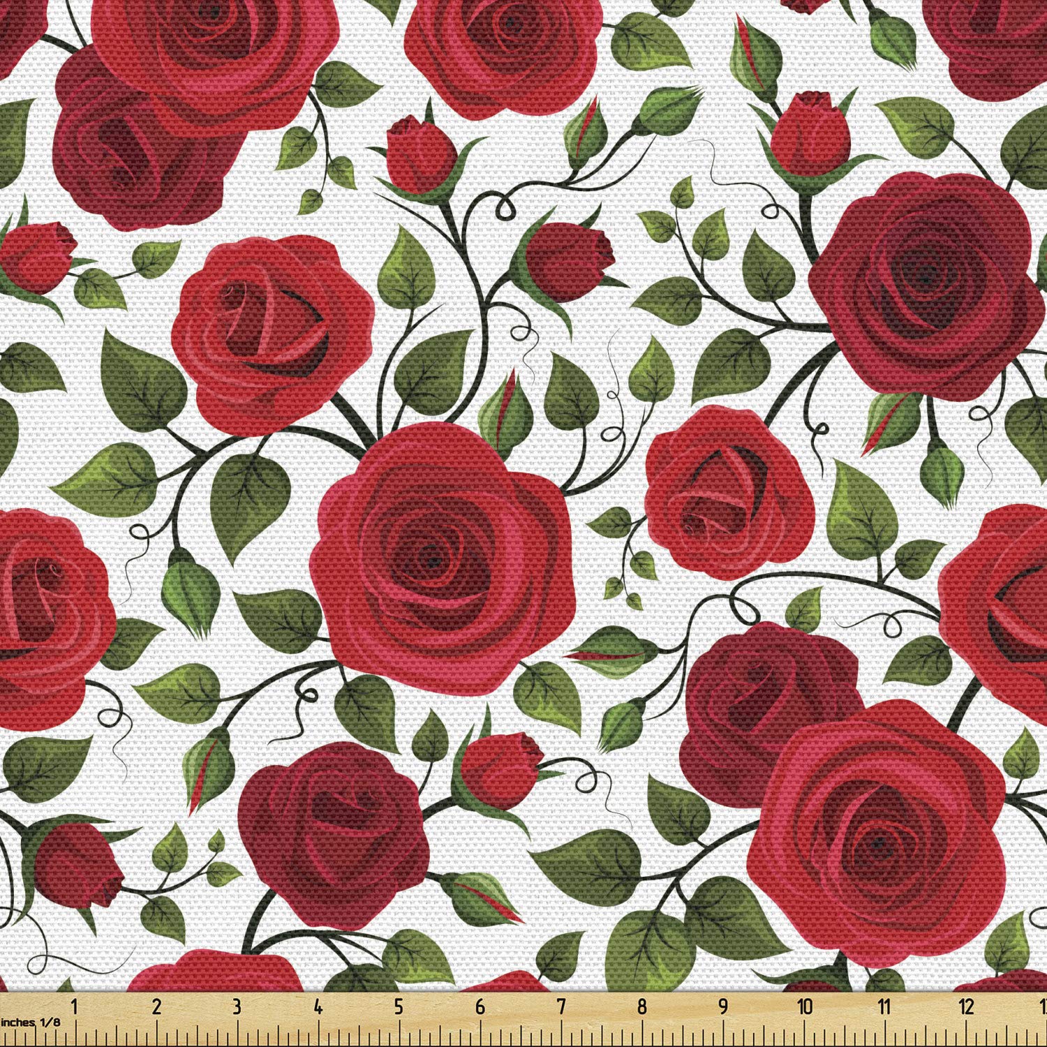 Lunarable Rose Fabric by The Yard - Victorian Garden Floral Print Upholstery Fabric for Sofa, Curtains & Home Decor (1 Yard, White Red Olive Green) | Perfect for DIY Projects, Pillow Covers & Vintage Style Decorations