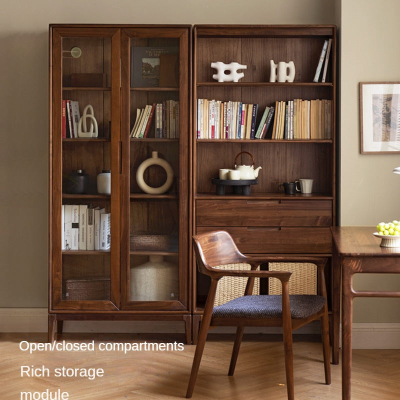 Premium Black Walnut & Ash Solid Wood Bookcase with Dust-Proof Glass Doors - Stylish Home Office & Living Room Storage Solution