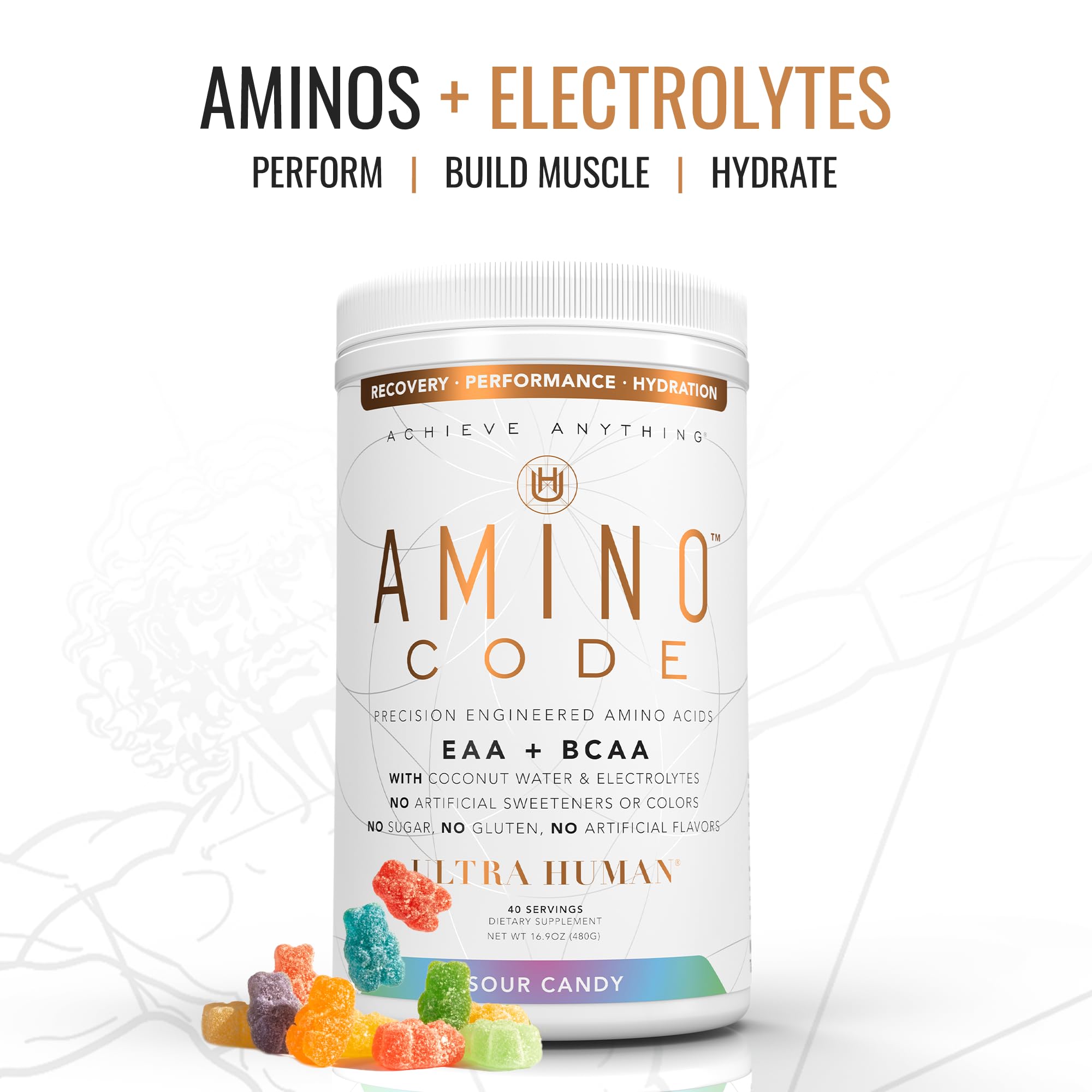 Amino Code | Essential Amino Acids + BCAAs + Coconut Water Electrolytes Powder | Fast Hydration & Workout Recovery Drink Mix | Clean Formula, 40 Servings - Sour Candy Flavor | Pre-Workout, Post-Workout & Daily Hydration Supplement