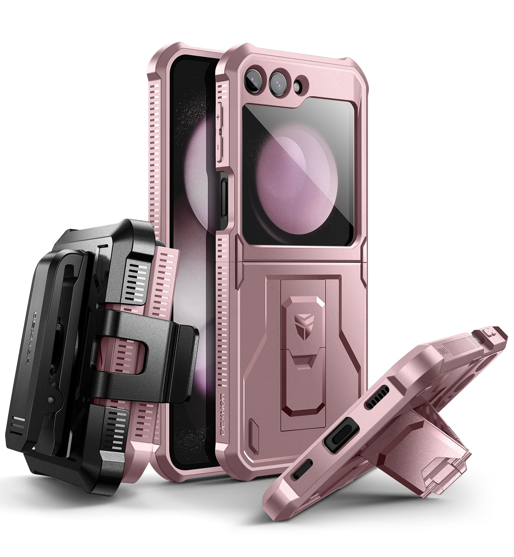 Dexnor Shockproof Rugged Case for Samsung Galaxy Z Flip 5 with Hinge Protection, Built-in Screen Protector, Full Body Bumper & Kickstand - Perfect for Outdoor Activities, Travel and Daily Protection
