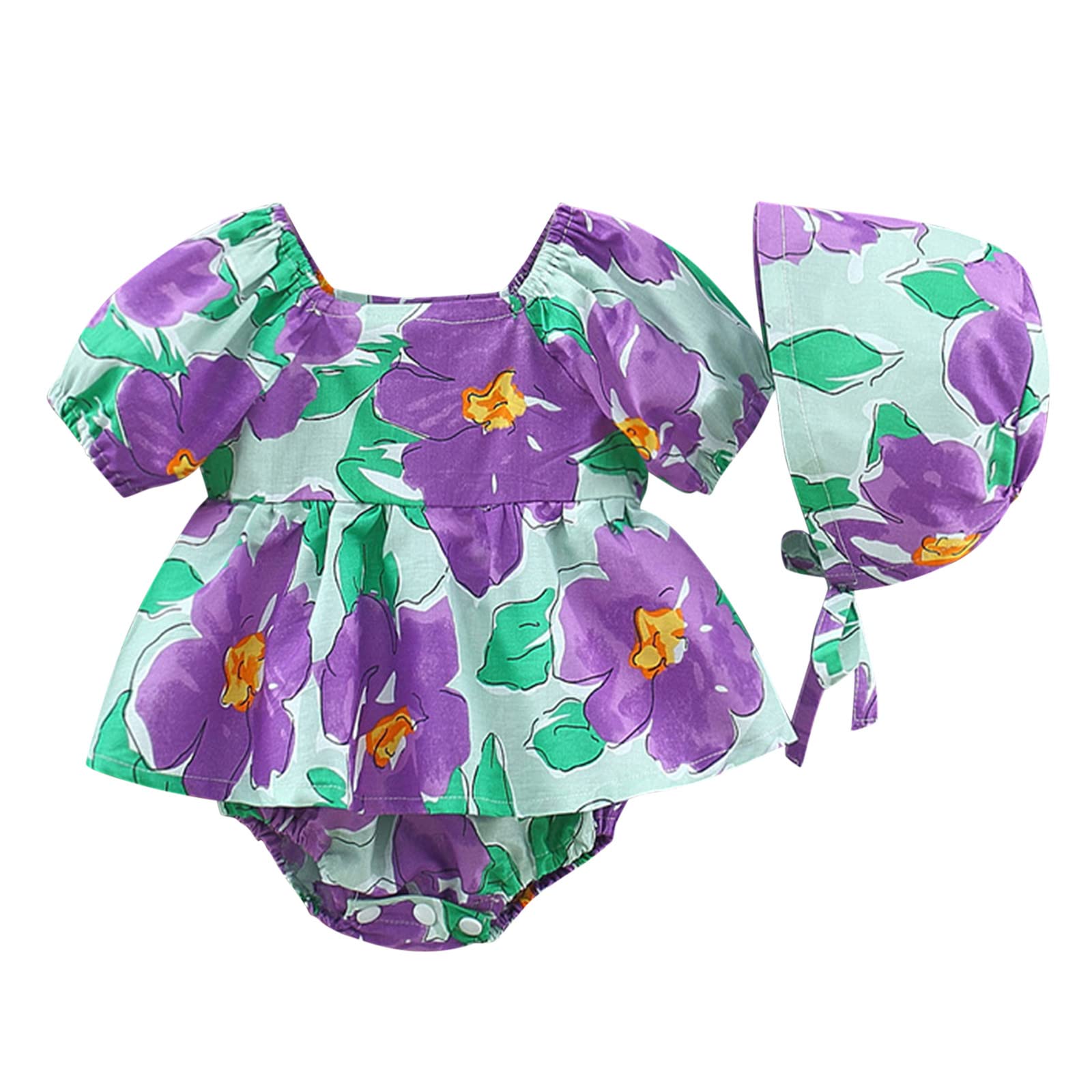SYNIA Toddler Baby Girls Floral Backless Ruffled Romper Dress Bodysuit with Hat - Cute Summer Outfit for Birthday Party, Photo Shoot & Playdate