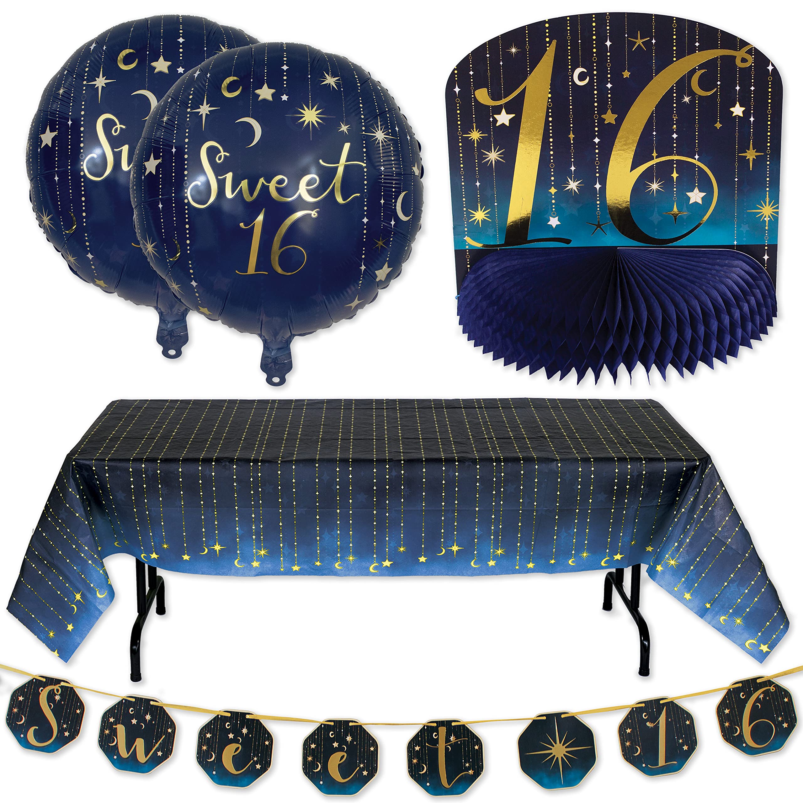 Sweet 16 Birthday Party Decorations - 5 Piece Night Under the Stars Party Set with Blue & Gold Ombre Glitter Decor - Perfect for Sweet Sixteen Celebrations, Teen Parties & Instagram-Worthy Photo Backdrops