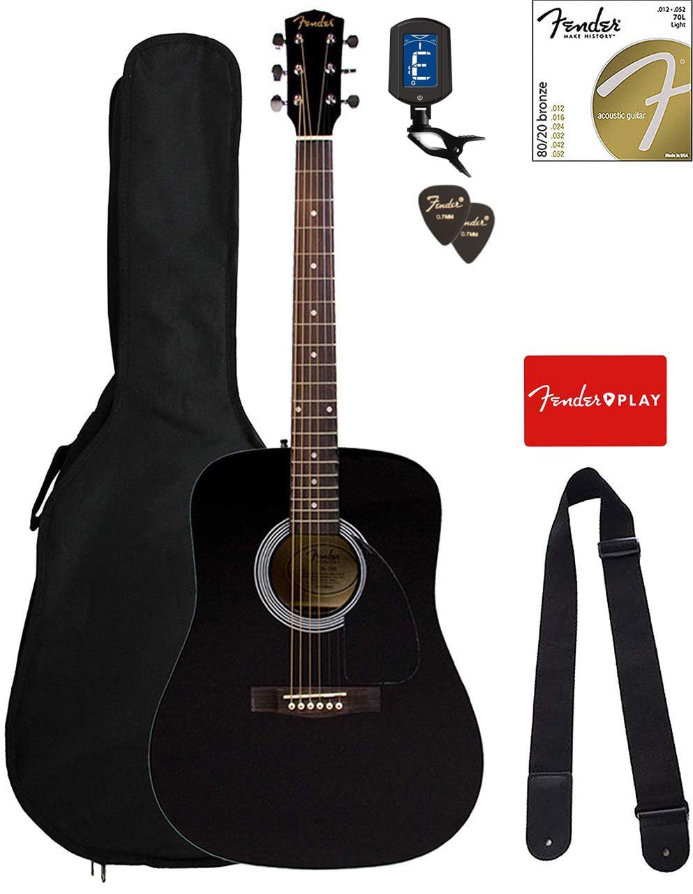 Fender Dreadnought Acoustic Guitar Bundle - Black with Gig Bag, Tuner, Strings, Strap & Picks | Includes Fender Play Online Lessons | Perfect for Beginners, Campfires & Live Performances
