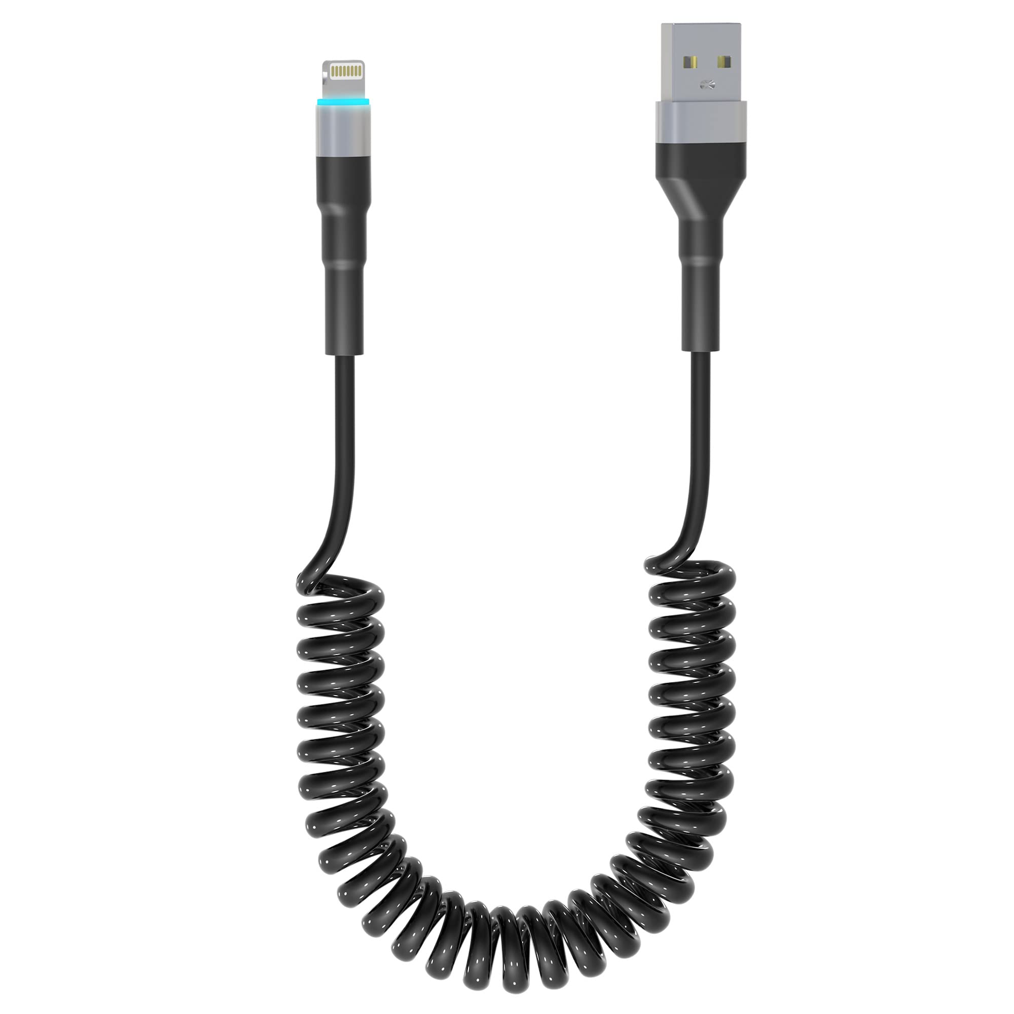 Apple MFi Certified Coiled Lightning Cable - USB to Lightning Retractable Charger Cord with LED & Fast Data Sync for iPhone, iPad, iPod - Perfect for CarPlay, Home & Office Charging