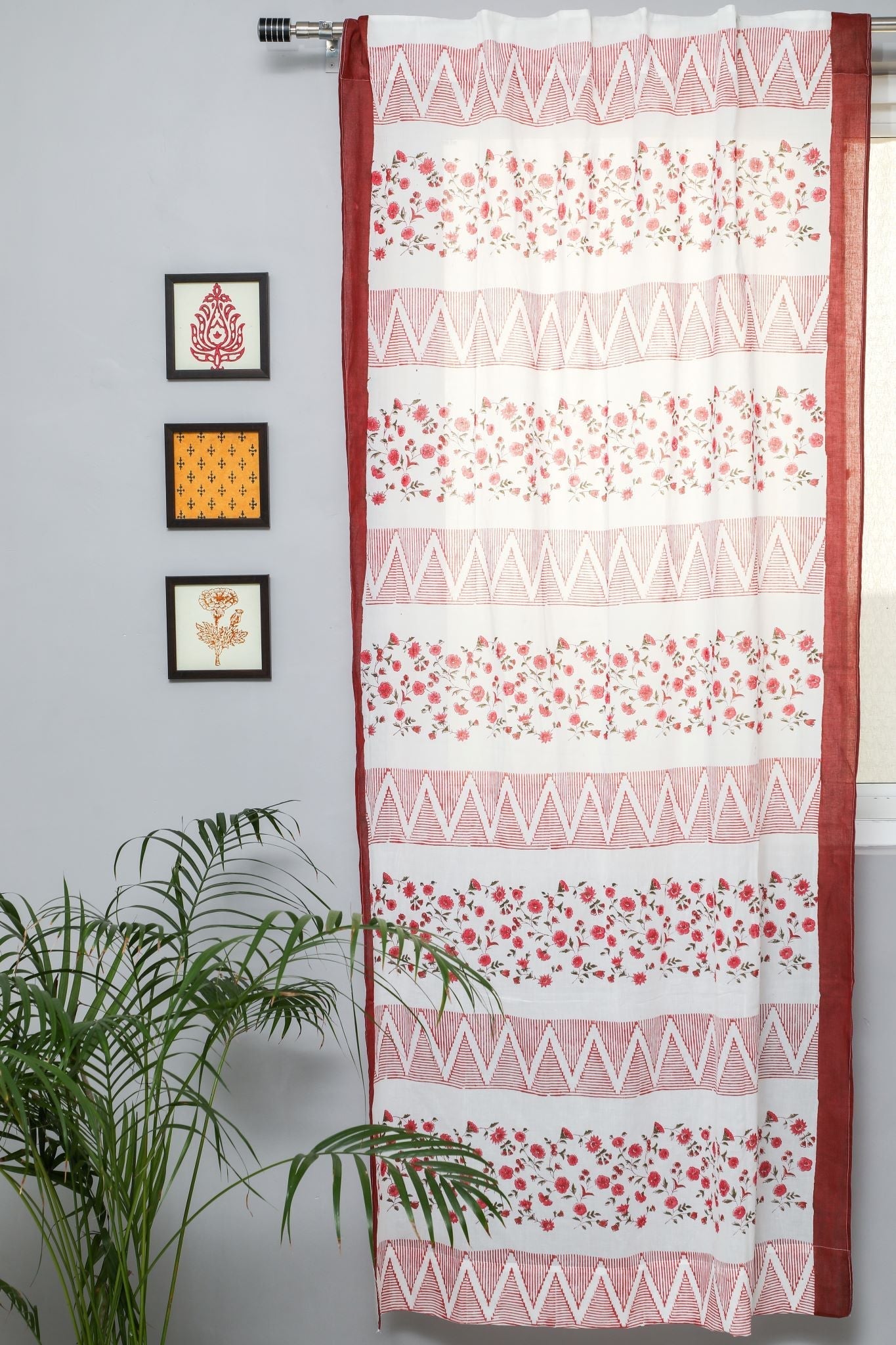 Handblock Printed Cotton Door Curtain - 'Zig Zag Ruby' Design by SootiSyahi | Eco-Friendly Home Decor for Living Room, Bedroom & Entryway