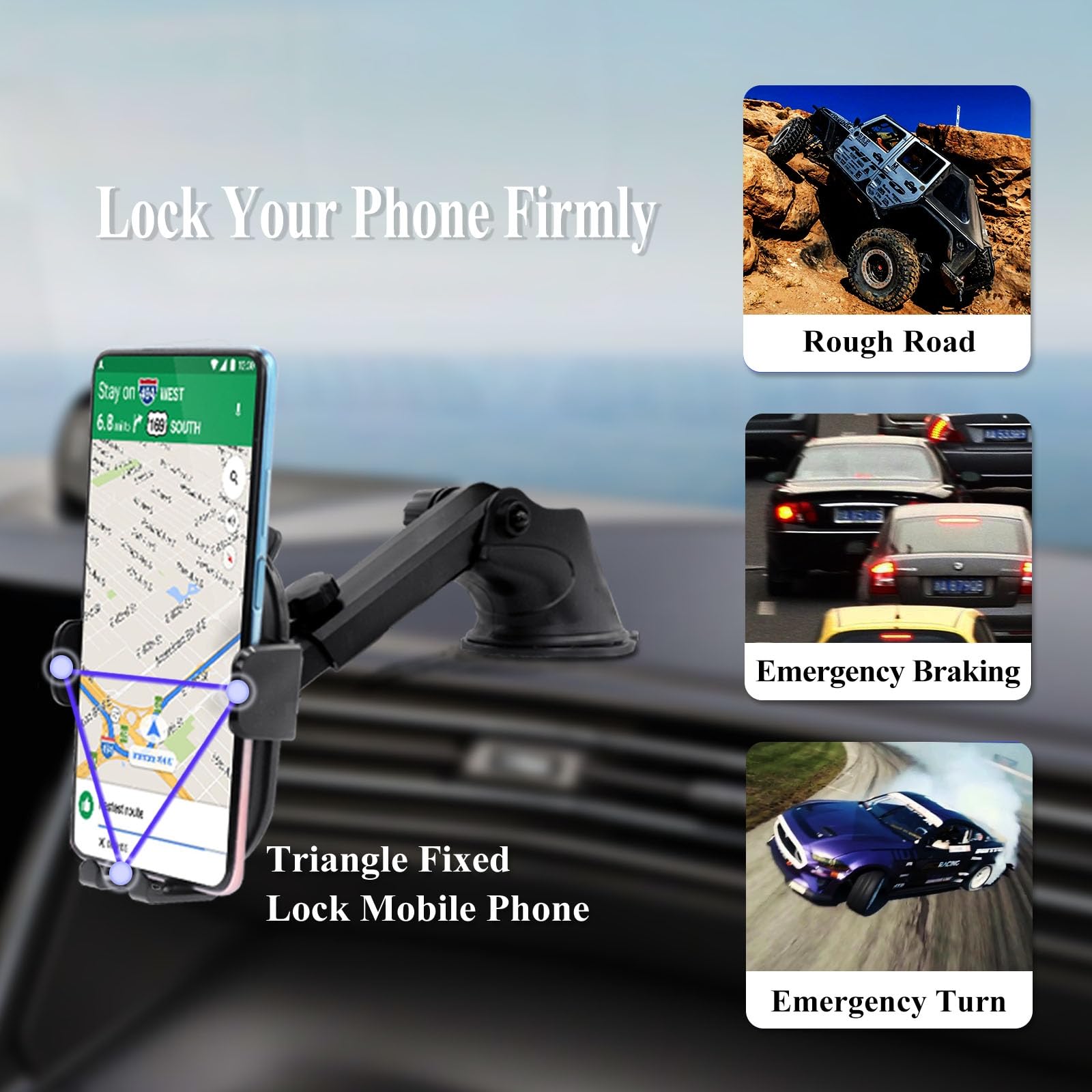 Car Phone Mount - 1 Second Quick Release, Adjustable 360° Rotation Phone Holder for Dashboard & Windshield - Perfect for GPS Navigation & Hands-Free Driving