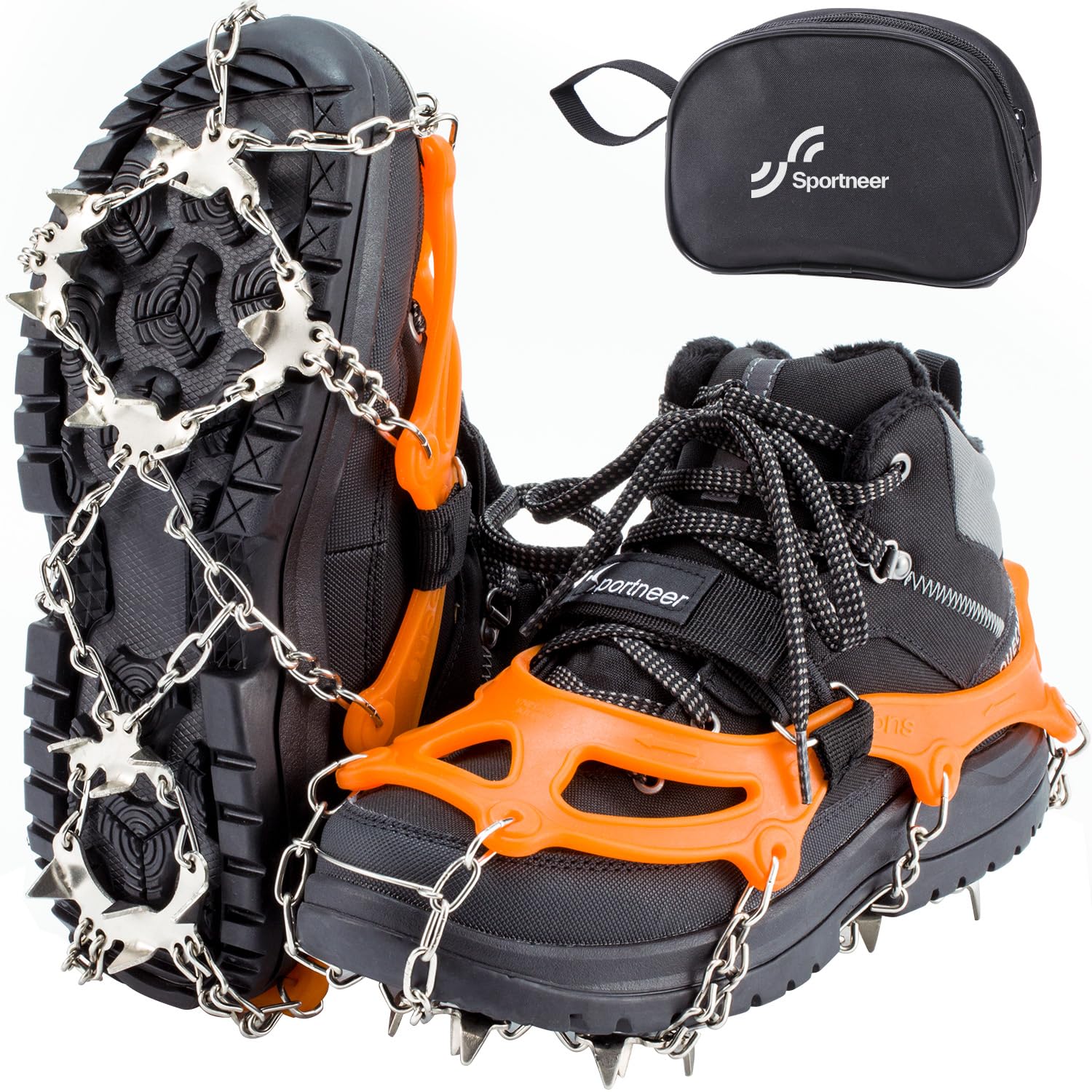 Sportneer 19-Spike Stainless Steel Ice Cleats for Boots & Shoes - Traction Grips for Snow, Ice, Hiking, Jogging, Climbing & Fishing - Ideal for Men & Women Outdoor Adventures