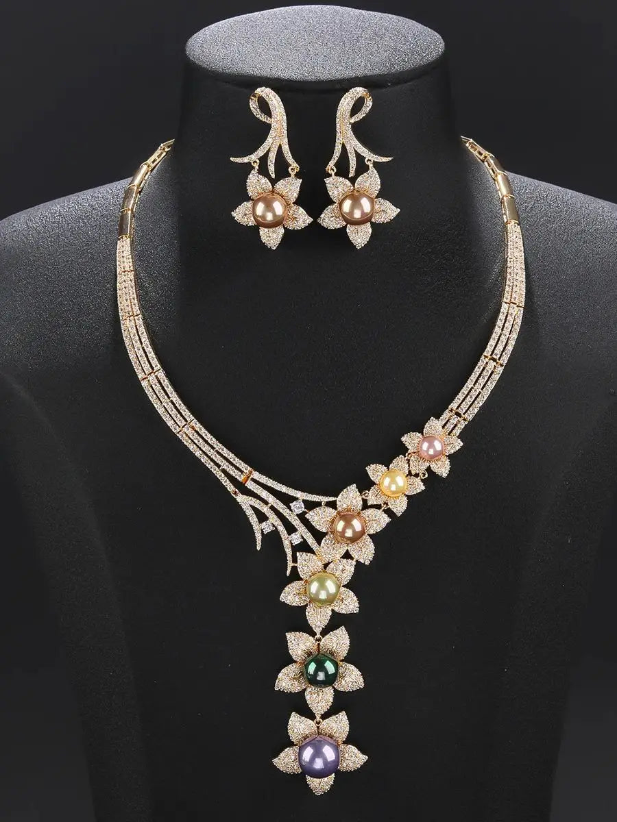 Luxury 2-Piece Cubic Zirconia Pearl Flower Necklace & Earrings Set for Women - Elegant Wedding, Party & Evening Jewelry - Perfect for Bridal, Prom & Special Occasions
