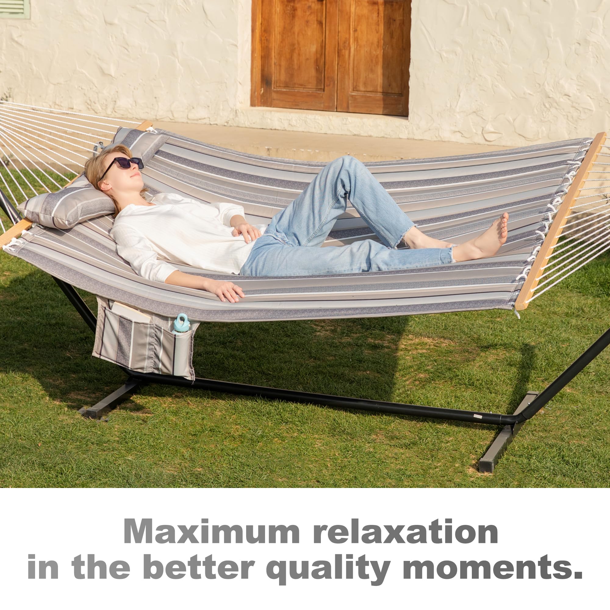 2 Person Hammock with Stand - 12ft Heavy Duty Steel Frame, Double Quilted Outdoor Hammock with XL Removable Pillow & Side Pockets - Indoor/Outdoor Use for Backyard, Camping, Beach - Supports 475 lbs (Peace Dove)