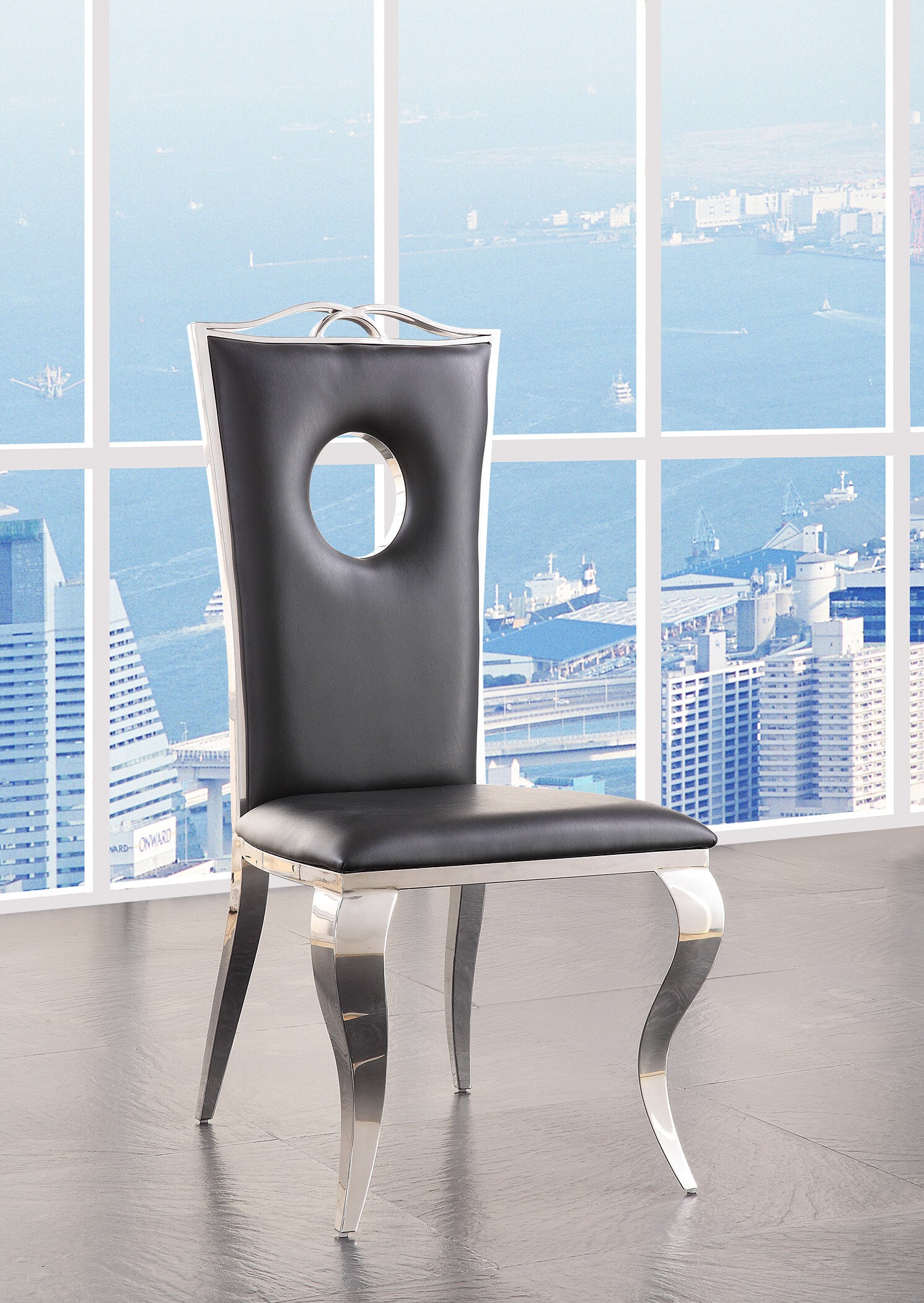 Modern Black & Stainless Steel Dining Chairs with Cutout Back Design - Set of 2 Contemporary Kitchen Chairs for Dining Room, Breakfast Nook or Office Workspace