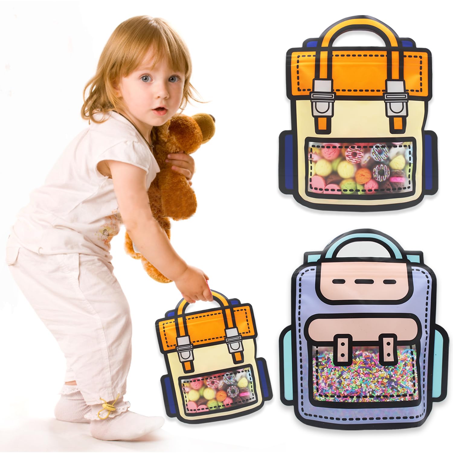 30 Pack Cartoon Backpack Goodie Bags - Clear Plastic Ziplock Candy Bags with Handle, Smell Proof Resealable Storage Bags for Party Favors, Birthday Gifts & School Treats (Mixed Colors)