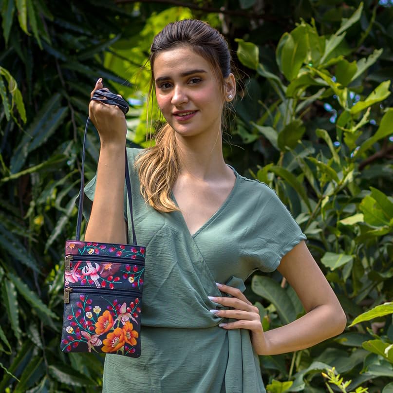 Anuschka Women's Hand Painted Genuine Leather Crossbody Purse - Mini Double Zip Travel Bag with Magnetic Closure, ID Holder & Optical Case - Perfect for Daily Use, Shopping & Travel Accessories